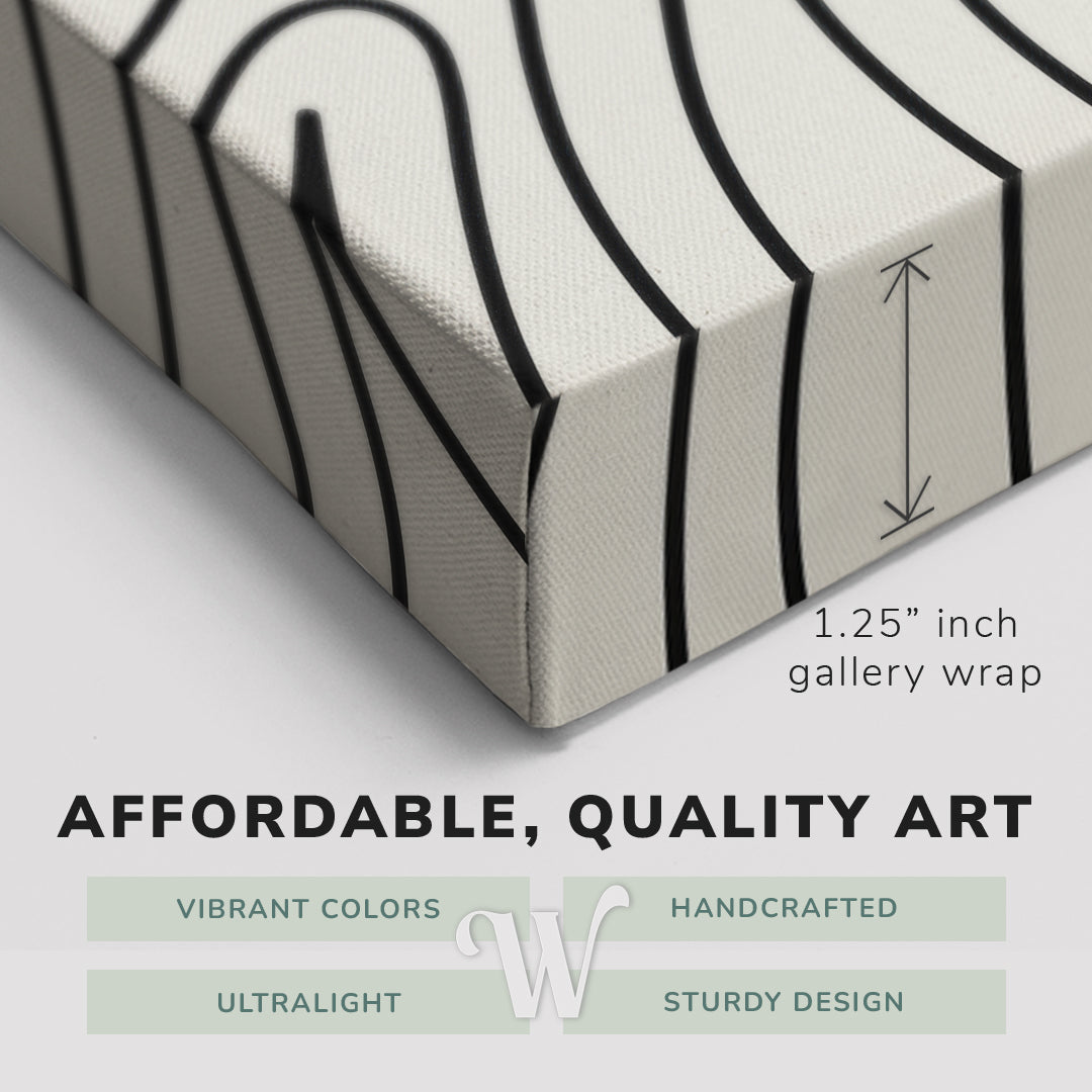 Corner shot of a Whelhung easy to hang canvas print showing the 1.25” inch gallery wrap thickness and graphic saying "Affordable, Quality Art", "Vibrant Colors", "Handcrafted", "Ultralight" and "Sturdy Design."