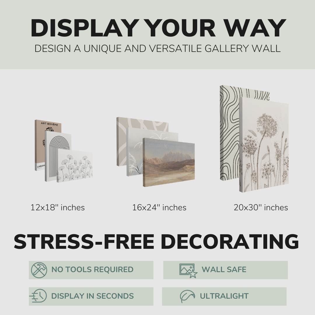 Set of 8”, 2:3 easy to hang canvas prints on a graphic displaying the sizes (12x18”, 16x24” or 20x30”) of the four canvases offered in this pack. Also includes bullets on the stress-free decorating Whelhung offers, "no tools required", "wall safe", "display in seconds" and "ultralight."