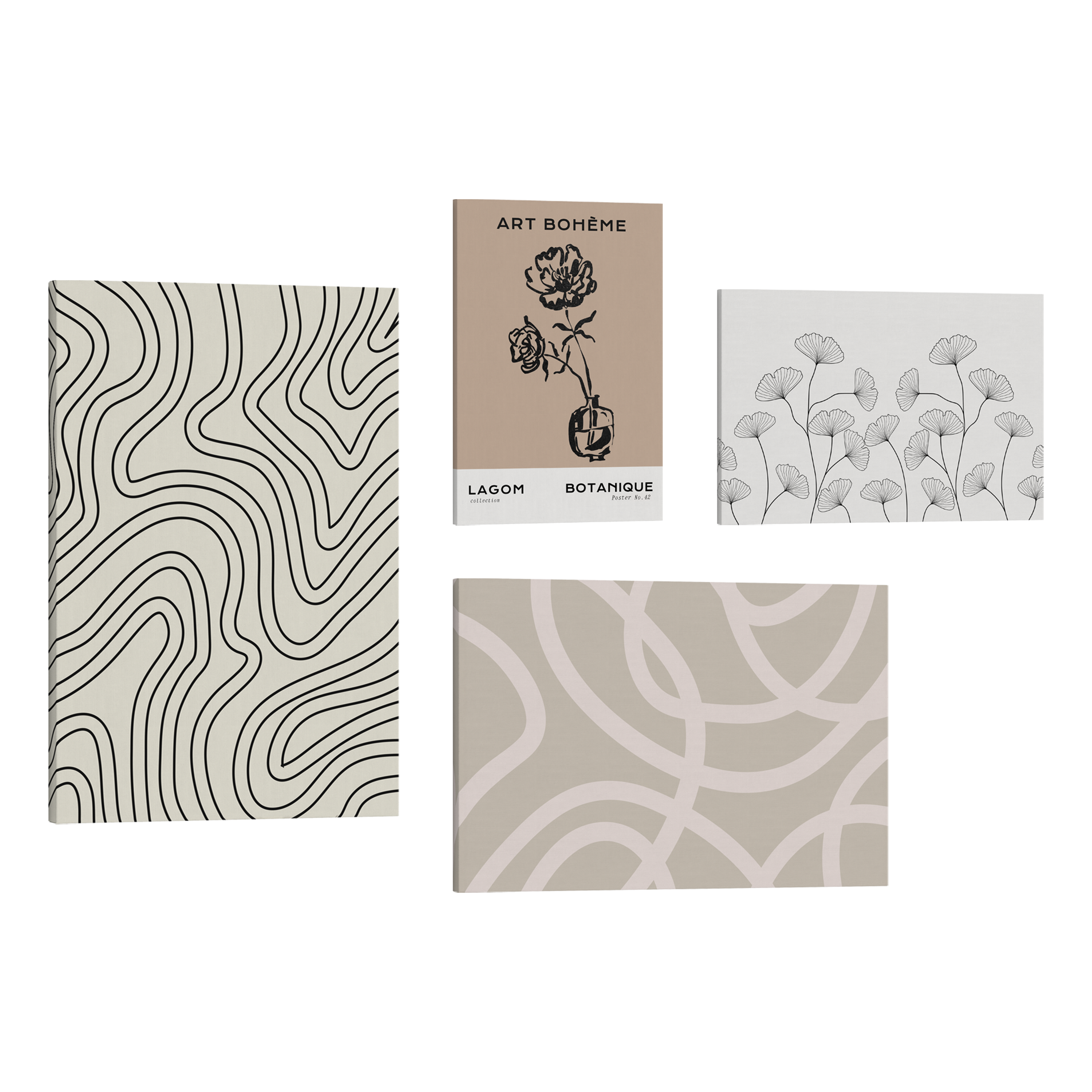 Set of 4, 2:3 easy to hang canvas prints of various sizes, 12x18”, 16x24” or 20x30” inches, on a transparent background featuring images of a black and white abstract wave line print, bohemian styled flower drawing on a brown background, an abstract white and light green line art and a black and white Gingko print.
