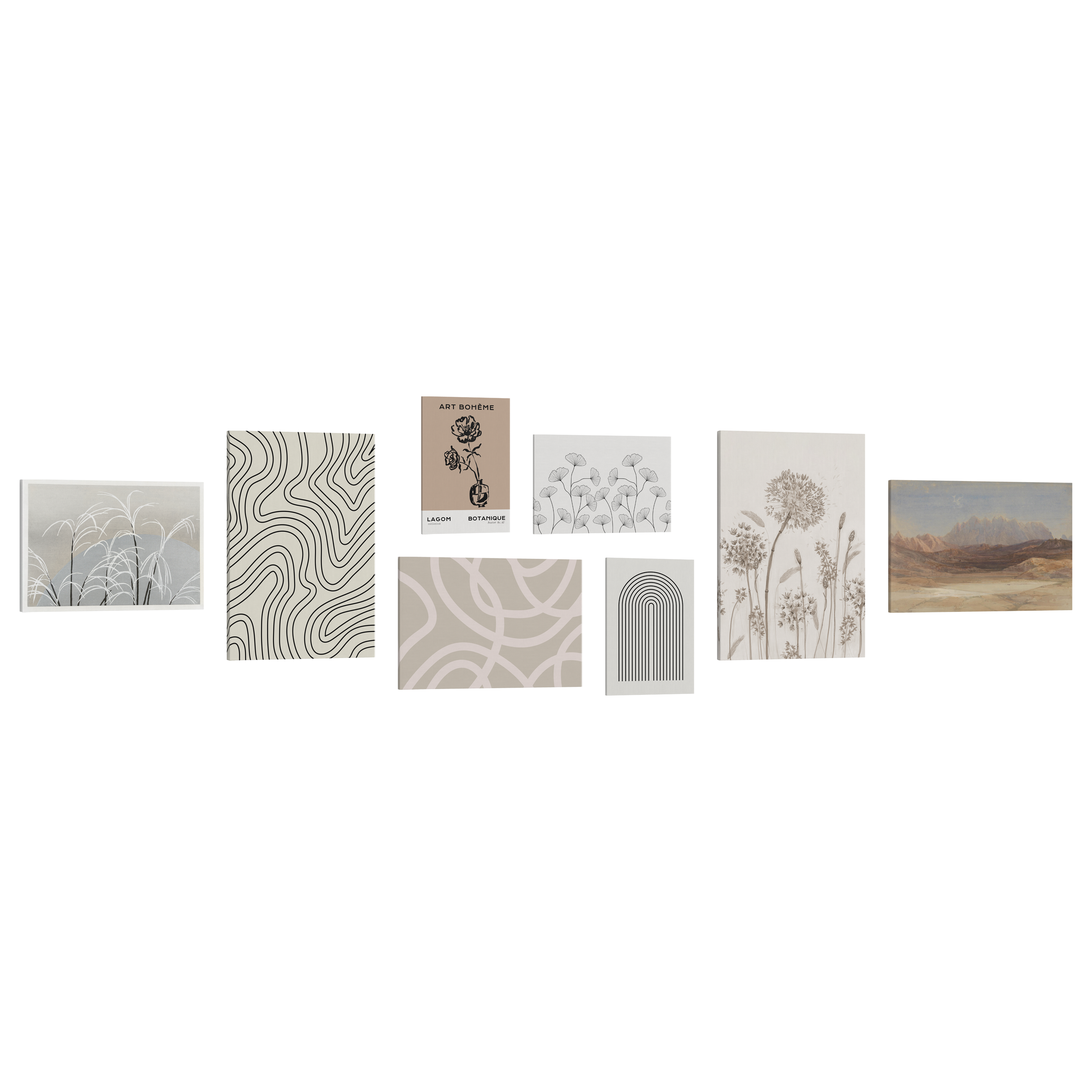 Set of 8, 2:3 easy to hang canvas prints of various sizes, 12x18”, 16x24” or 20x30” inches, on a transparent background featuring images of a black and white abstract wave line print, bohemian styled flower drawing on a brown background, an abstract white and light green line art, a black and white Gingko print, a black and white minimalist line art rainbow, a beige drawing of a dandelion, a soft painting of brown mountains on a blue sky and classic Japanese painting, "Moon and Grasses."