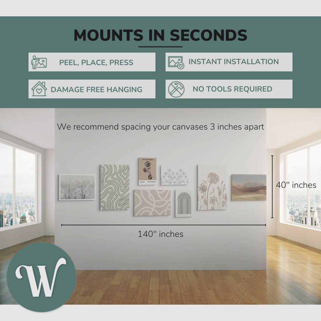 graphic showing a lifestyle of the 8 pack canvases on a blank white wall with the overall size of the gallery wall, 140x40” inches. Says: “Mounts in seconds”, and the bullets: "peel, place, press", "instant installation", "damage free hanging" and "no tools required."