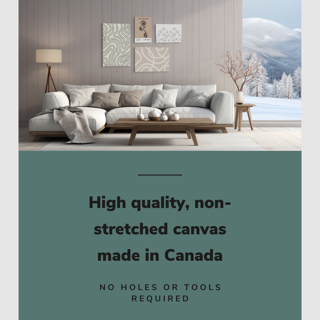 Lifestyle image of the 4 pack gallery wall with easy to hang canvas wall art hung in a cozy living room above a couch with graphic saying "High quality, non-stretched canvas made in Canada"