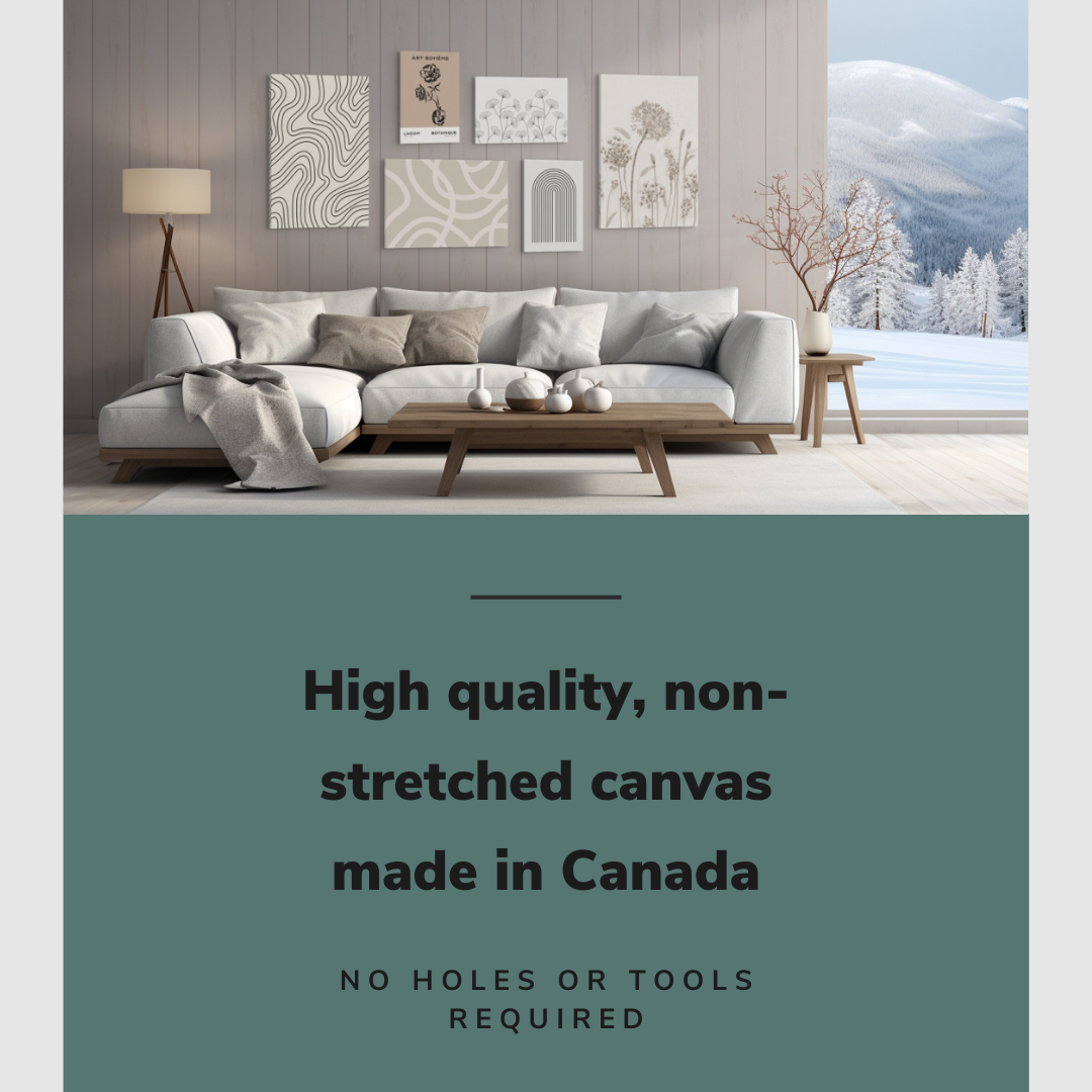 Lifestyle image of the 6 pack gallery wall with easy to hang canvas wall art hung in a cozy living room above a couch with graphic saying "High quality, non-stretched canvas made in Canada"