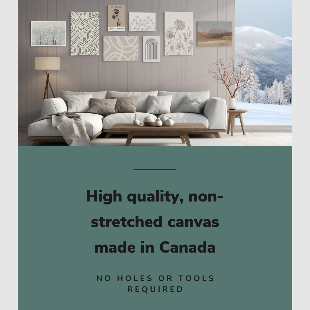 Lifestyle image of the 8 pack gallery wall with easy to hang canvas wall art hung in a cozy living room above a couch with graphic saying "High quality, non-stretched canvas made in Canada"