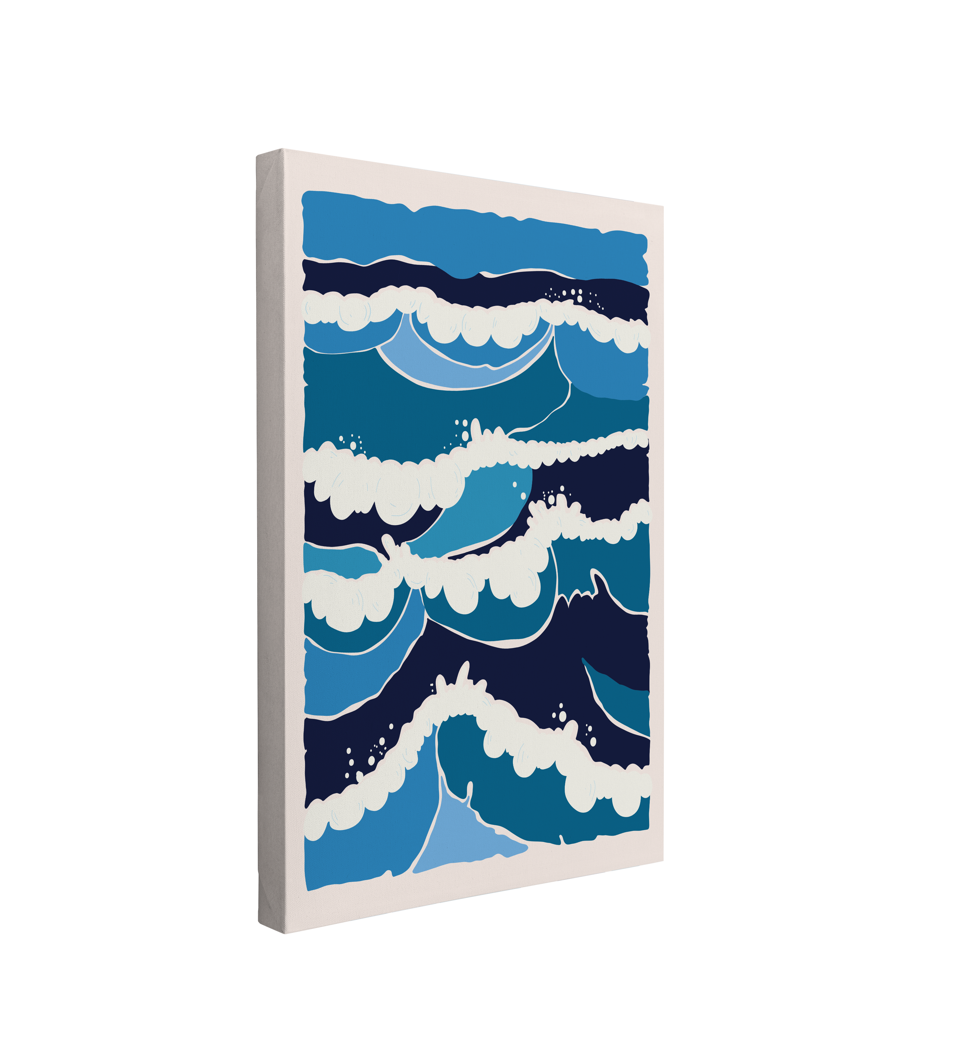 Single, 2:3 vertical easy to hang canvas print on a transparent background featuring an image of different shades of blue representing waves, shaped in a rectangle