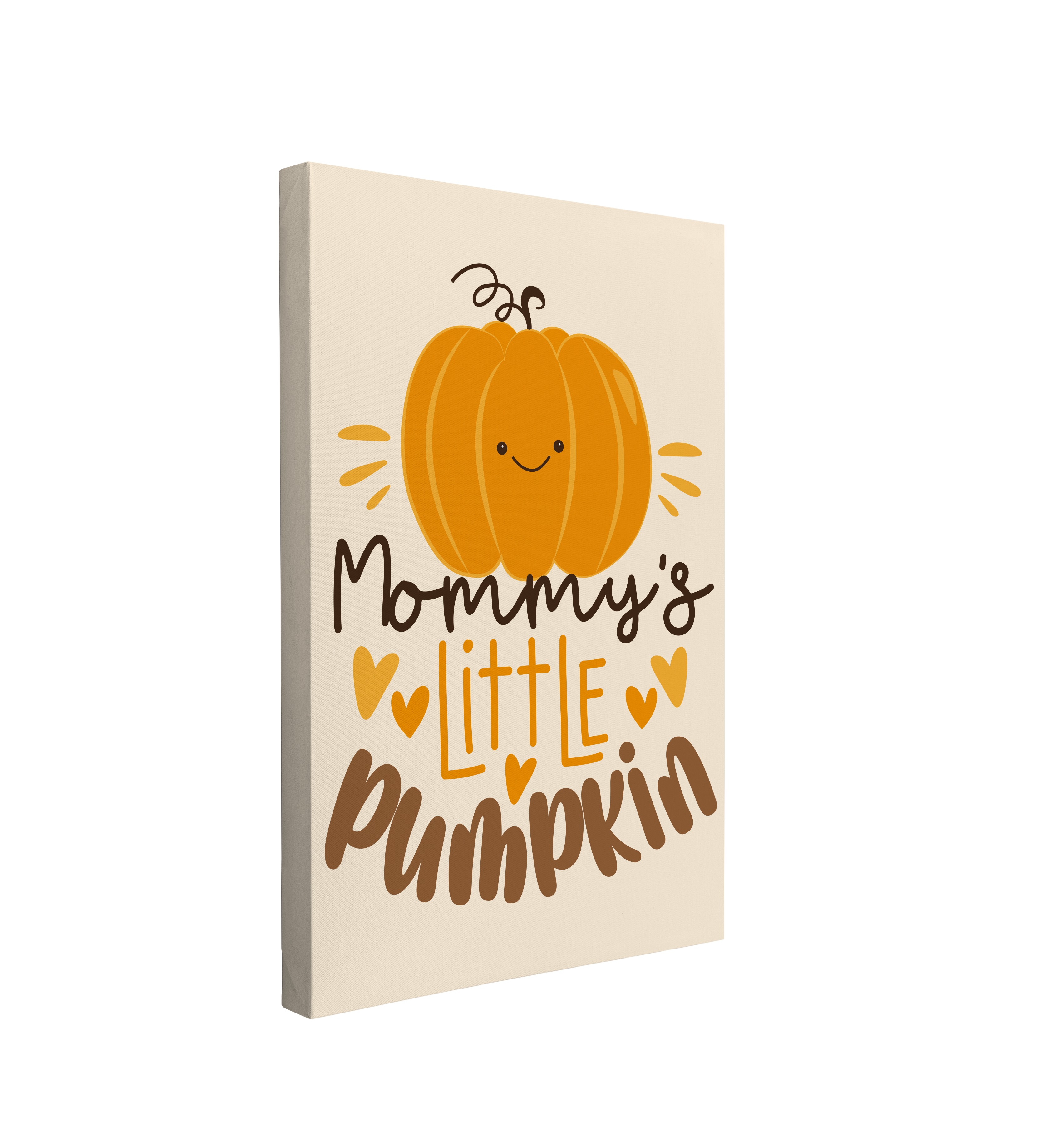 Single, 2:3 vertical easy to hang canvas print on a transparent background featuring an image of an orange cartoon pumpkin with the words "Mommy's Little Pumpkin" in different shades of brown and orange.