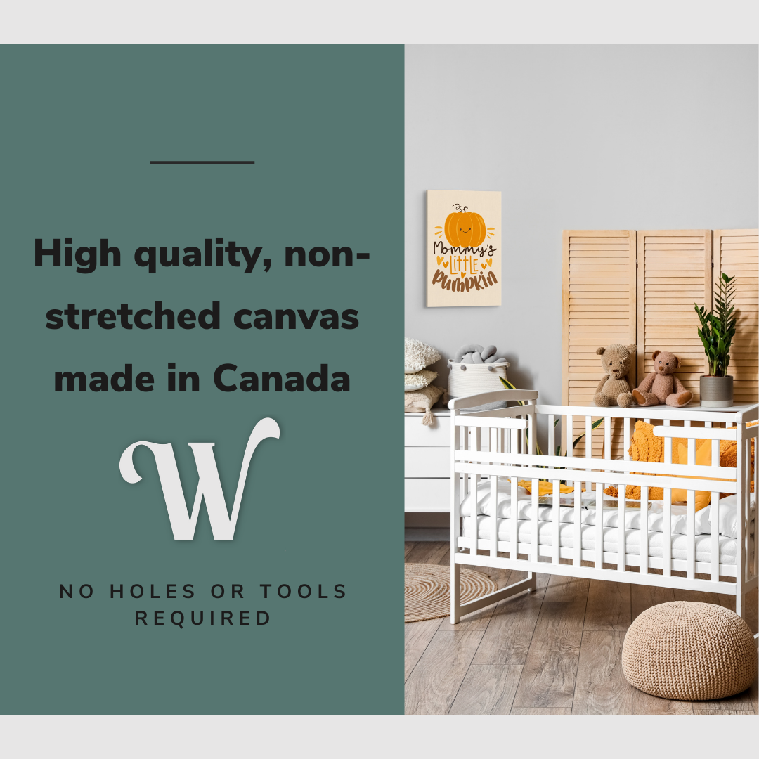 Lifestyle image of the vertical 16x24” inch easy to hang canvas wall art hung in an autumn themed nursery above the crib with graphic saying "High quality, non-stretched canvas made in Canada."