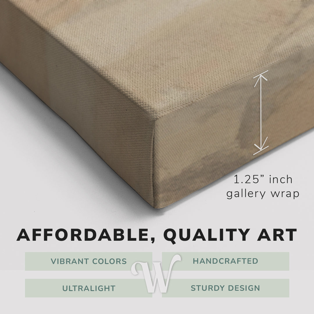 Corner shot of a Whelhung easy to hang canvas print showing the 1.25” inch gallery wrap thickness and graphic saying "Affordable, Quality Art", "Vibrant Colors", "Handcrafted", "Ultralight" and "Sturdy Design."
