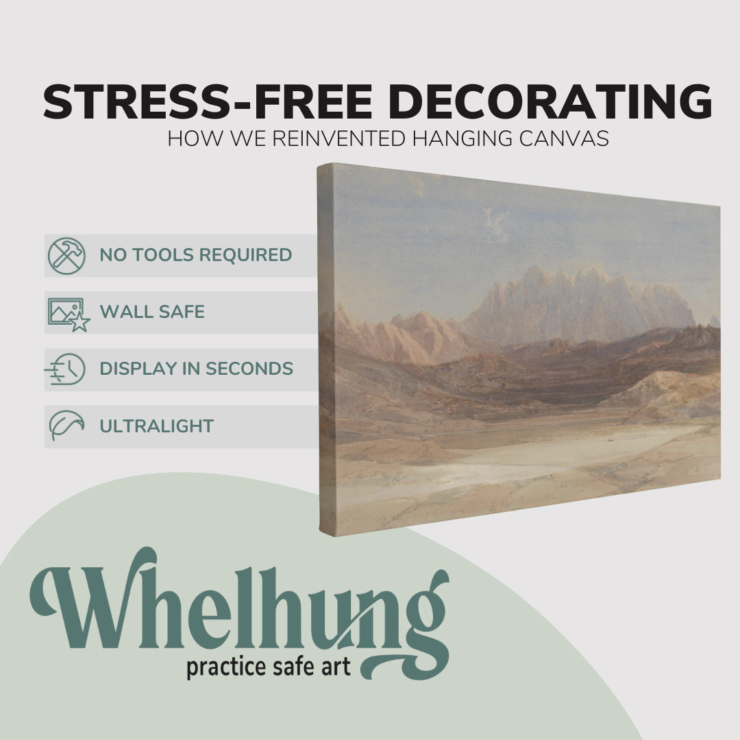 Single, 2:3 horizontal easy to hang canvas print on a graphic displaying the stress-free decorating Whelhung offers, how we reinvented hanging canvas: "no tools required", "wall safe", "display in seconds" and "ultralight."