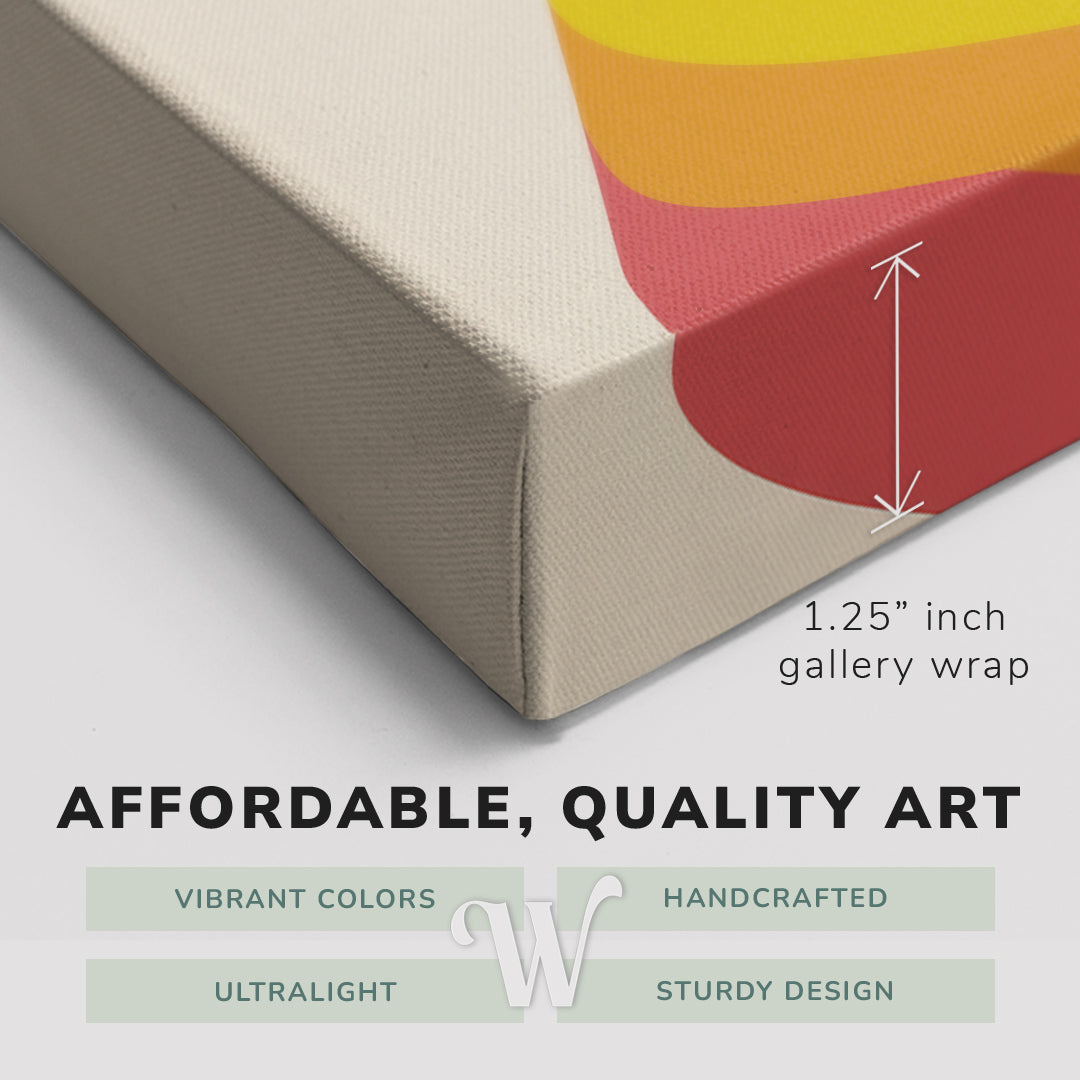 Corner shot of a Whelhung easy to hang canvas print showing the 1.25" inch gallery wrap thickness and graphic saying "Affordable, Quality Art", "Vibrant Colors", "Handcrafted", "Ultralight" and "Sturdy Design."