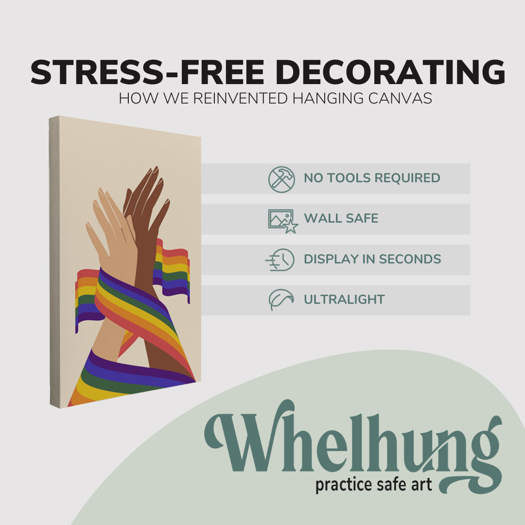 single, 2:3 vertical easy to hang canvas print on a graphic displaying the stress-free decorating Whelhung offers, how we reinvented hanging canvas: "no tools required", "wall safe"", "display in seconds" and "ultralight."