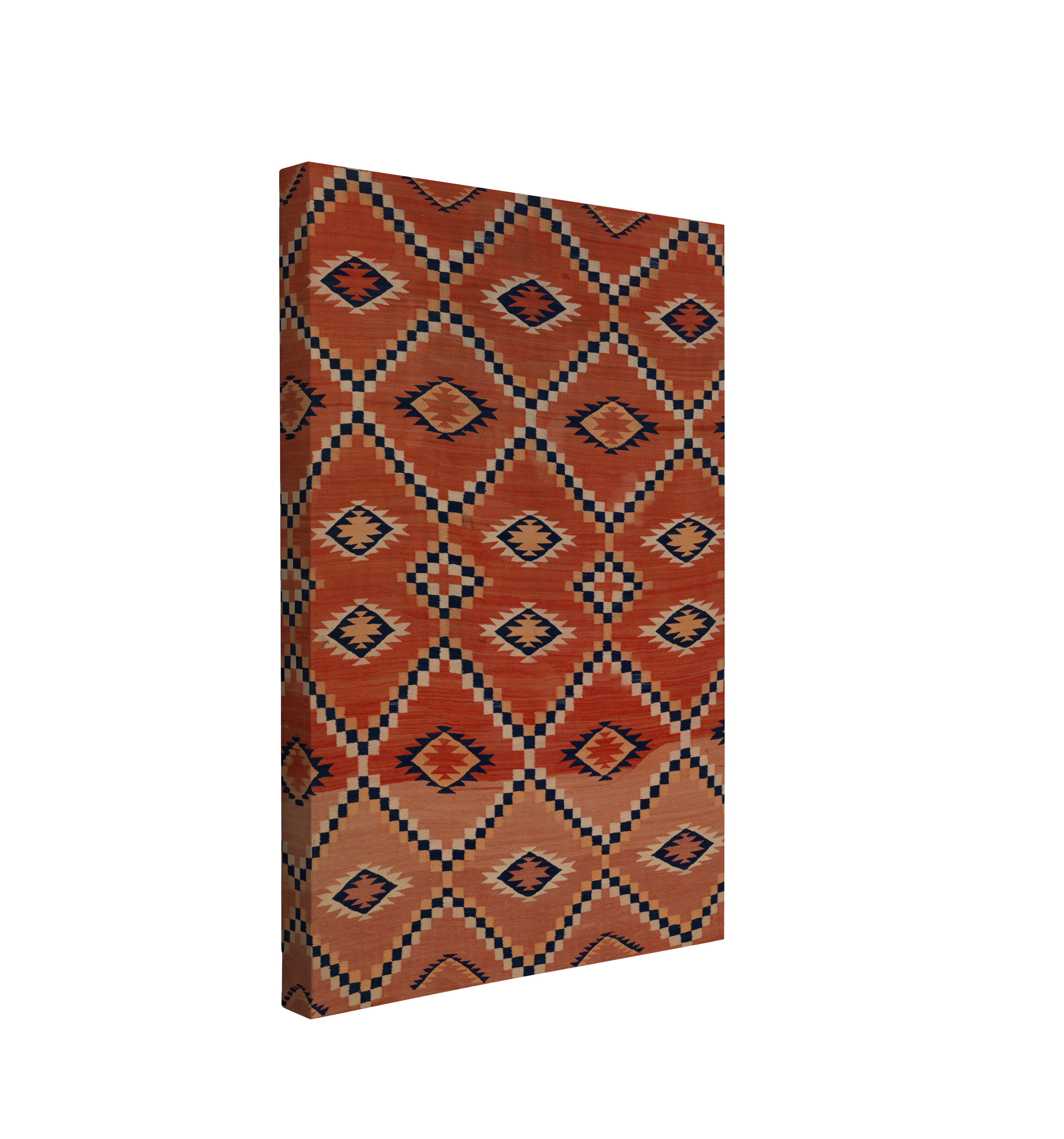 Single, 2:3 vertical easy to hang canvas print on a transparent background featuring an image of a red Navajo print from a blanket featuring a navy blue and white diamond patterning.