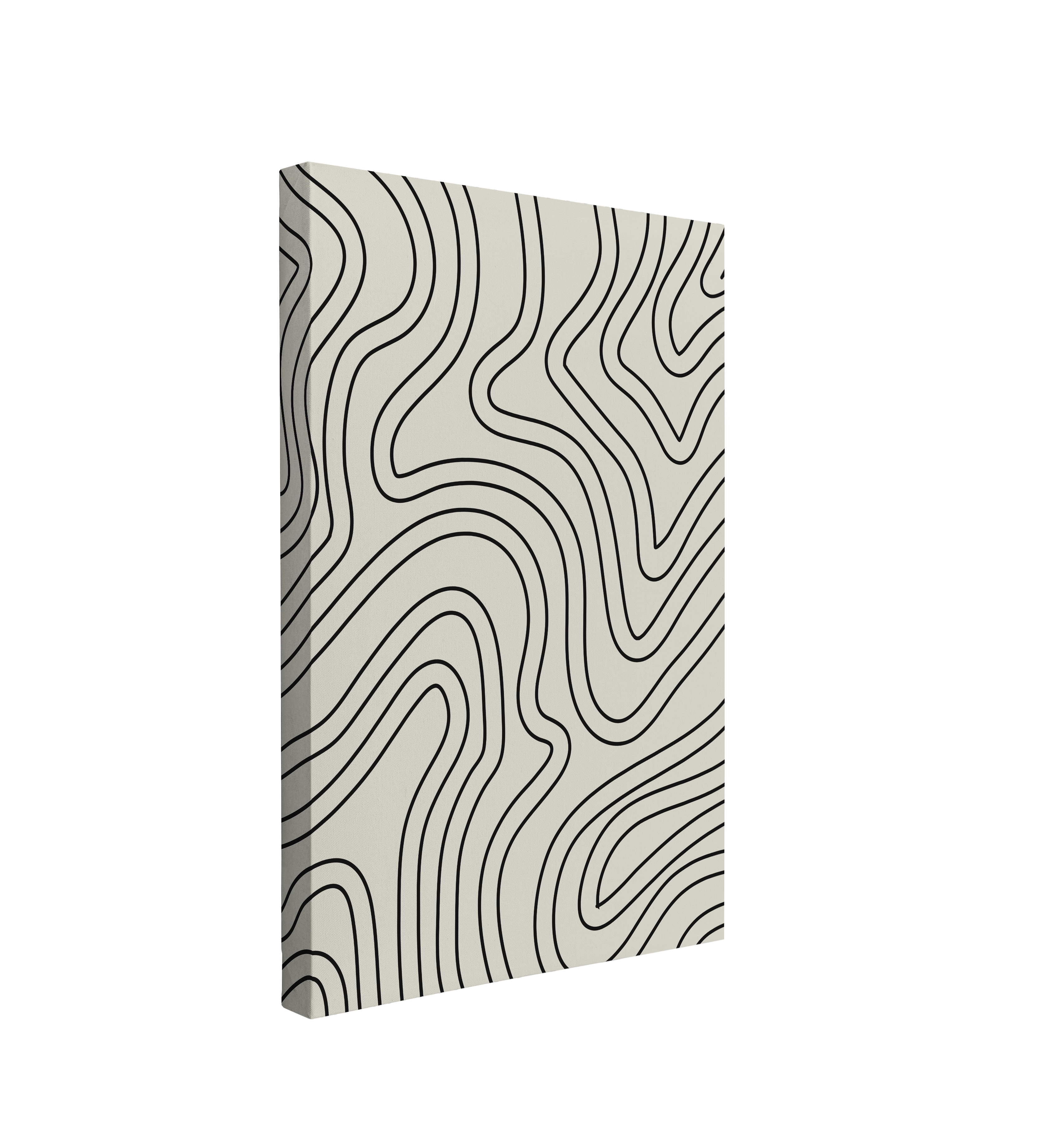 single, 2:3 vertical easy to hang canvas print on a transparent background featuring an image of abstract minimalist lines waved similarly to tree rings on a light beige background