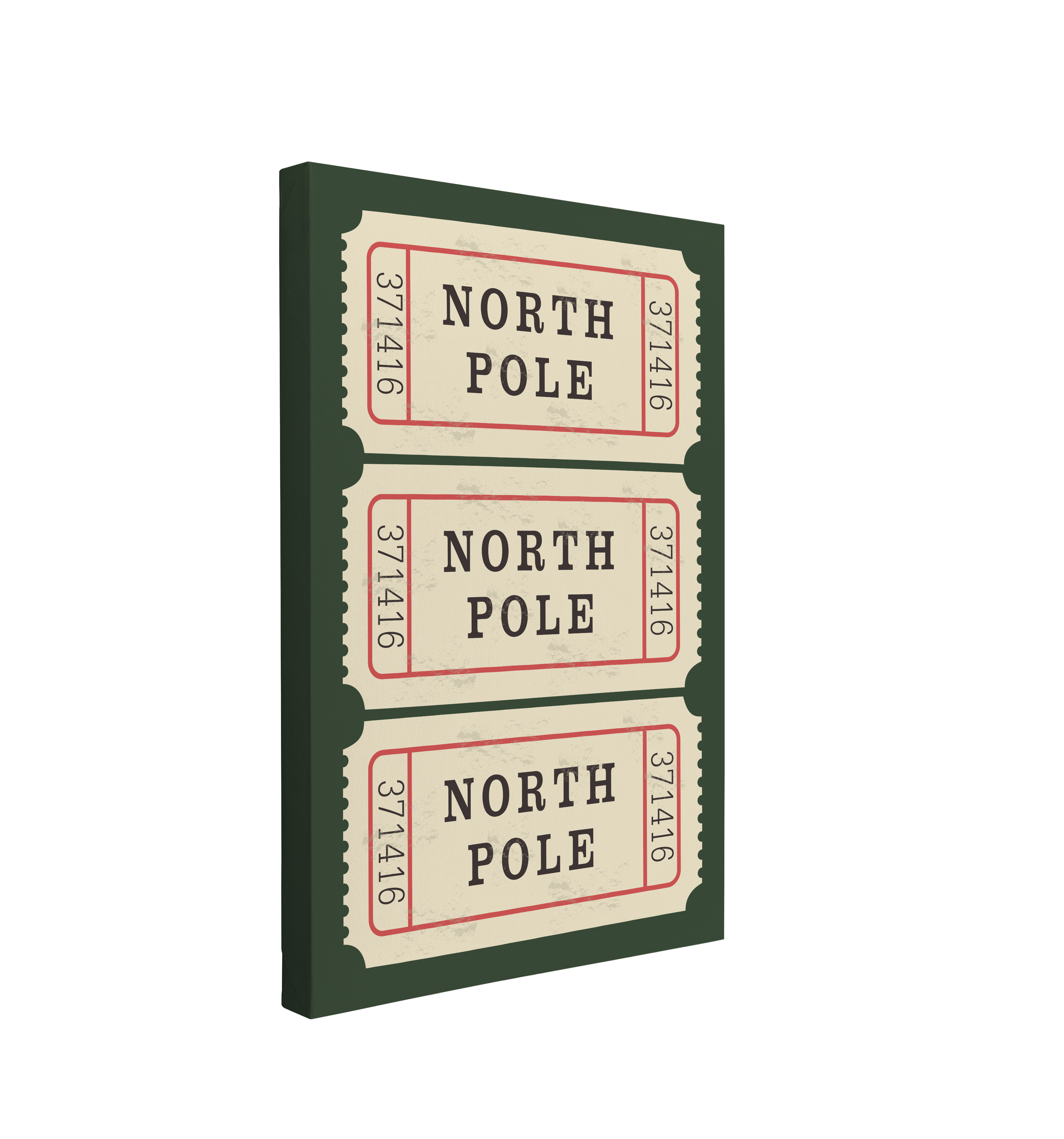 single, 2:3 vertical easy to hang canvas print on a transparent background featuring an image of three light yellow tickets to the North pole vertically stacked on a dark green background