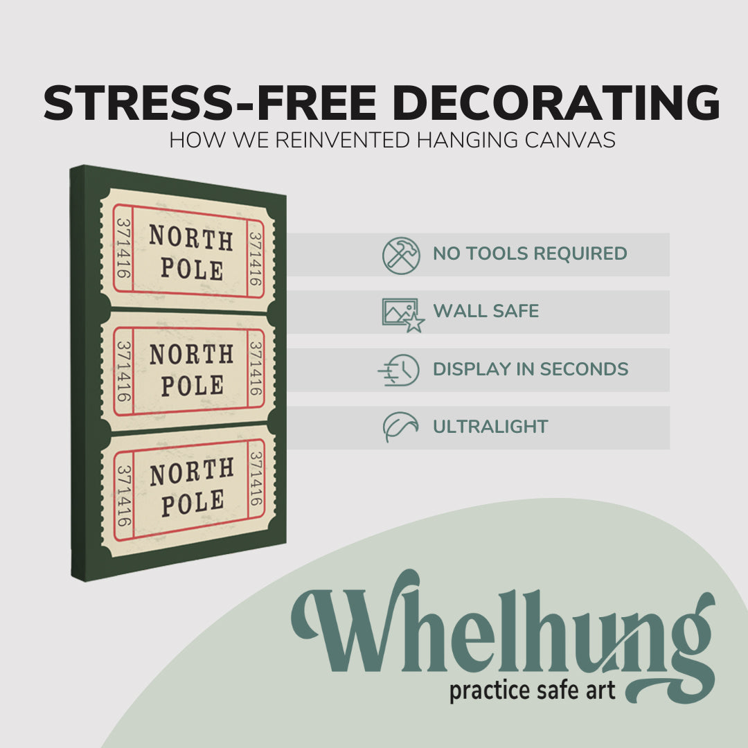 single, 2:3 vertical easy to hang canvas print on a graphic displaying the stress-free decorating Whelhung offers, how we reinvented hanging canvas: "no tools required", "wall safe"", "display in seconds" and "ultralight."