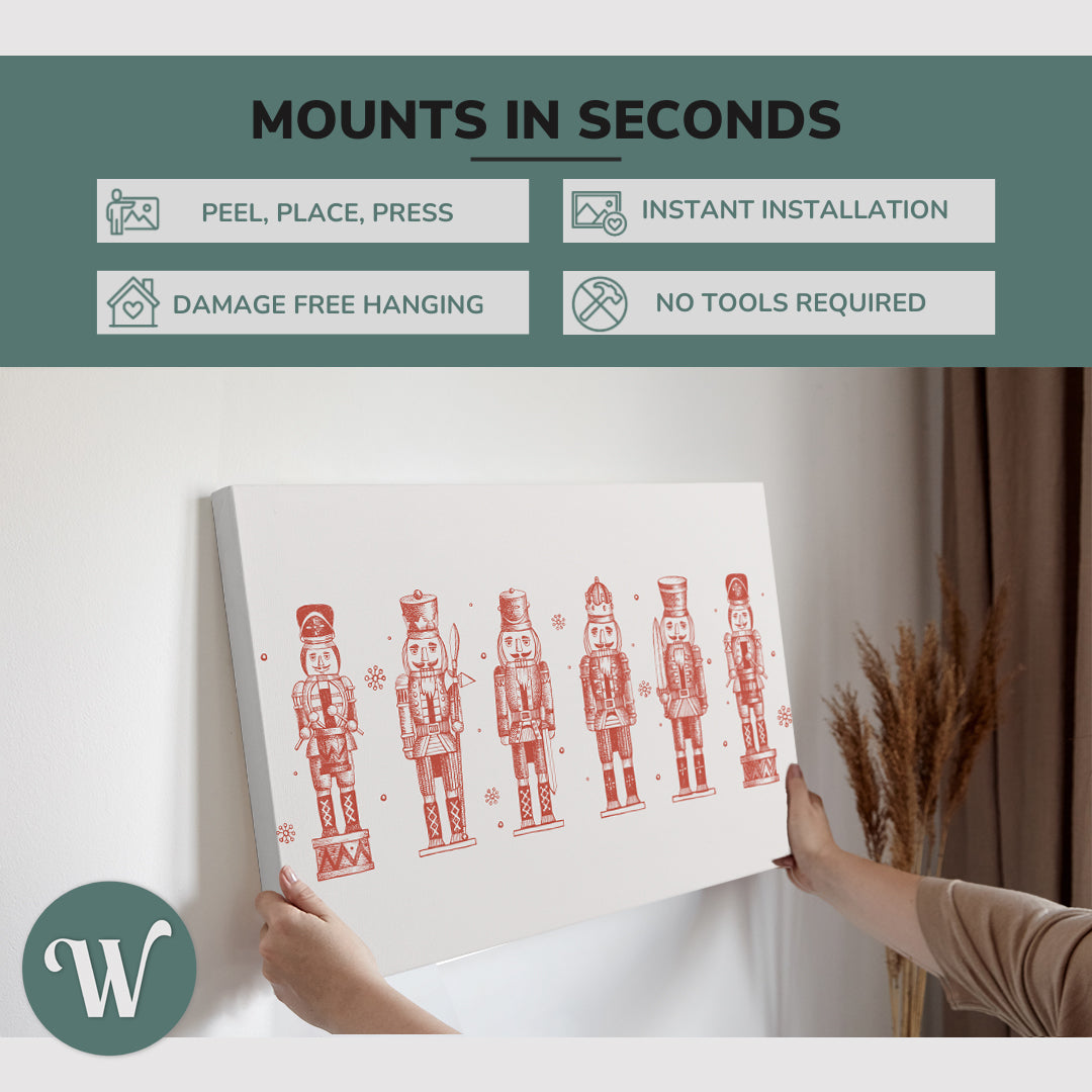 graphic showing hanging a single 2:3 horizontal 20x30 inch easy to hang canvas showing how easy it is to hang. Mounts in seconds, "peel, place, press", "instant installation", "damage free hanging" and "no tools required."