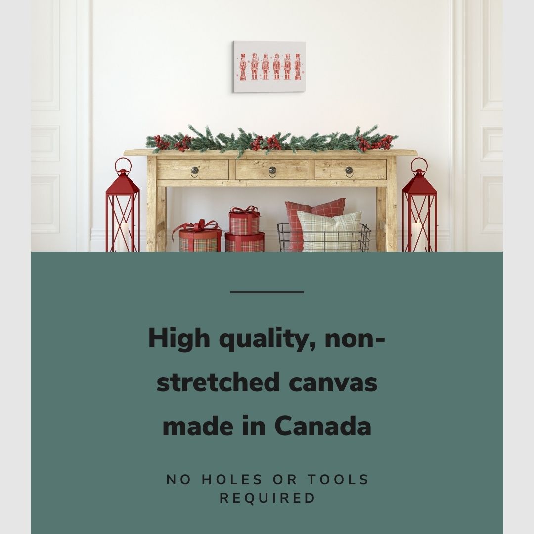 Lifestyle image of the vertical, 12x18 inch easy to hang canvas wall art hung in a hallway hung above a christmas decorated credenza with graphic saying "High quality, non-stretched canvas made in Canada"