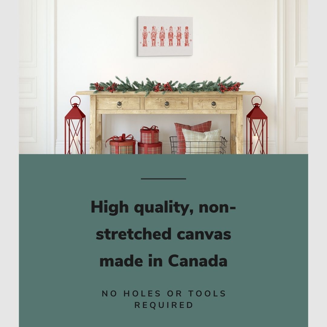 Lifestyle image of the vertical, 16x24 inch easy to hang canvas wall art hung in a hallway hung above a christmas decorated credenza with graphic saying "High quality, non-stretched canvas made in Canada"