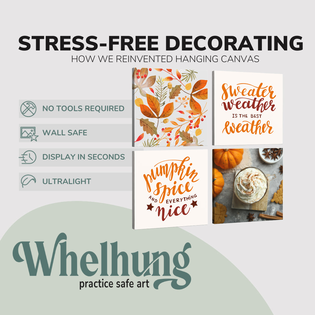 Set of 4, square easy to hang canvas prints on a graphic displaying the stress-free decorating Whelhung offers, how we reinvented hanging canvas: "no tools required", "wall safe", "display in seconds" and "ultralight."