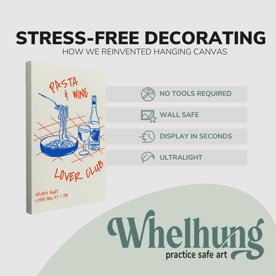 single 2:3 ratio, vertical easy to hang canvas prints on a graphic displaying the stress-free decorating Whelhung offers, how we reinvented hanging canvas: "no tools required", "wall safe", "display in seconds" and "ultralight."