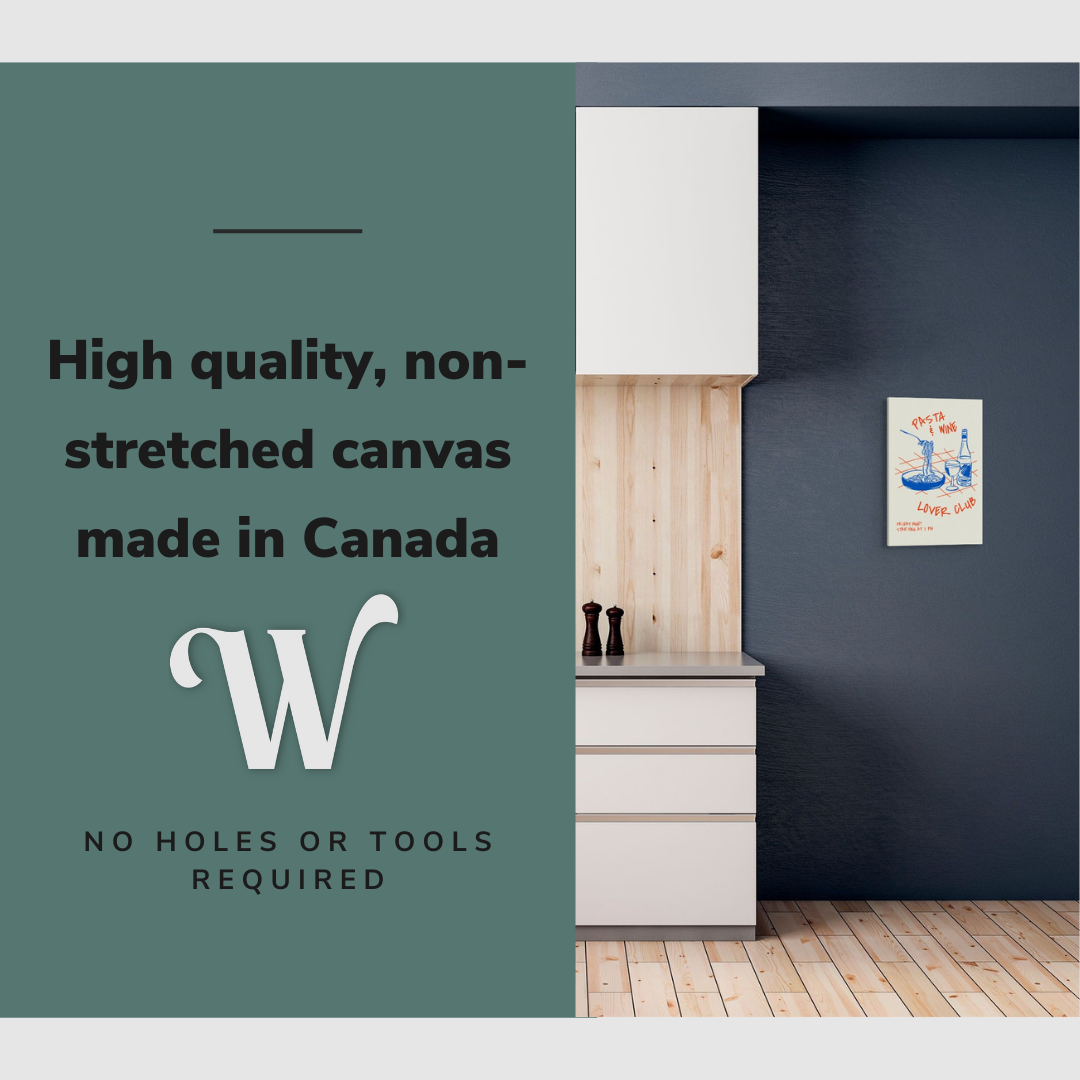 Lifestyle image of the vertical, 12x18" inch easy to hang canvas wall art hung in kitchen by a counter with graphic saying "High quality, non-stretched canvas made in Canada"