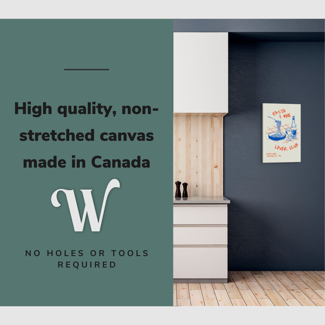 Lifestyle image of the vertical, 16x24" inch easy to hang canvas wall art hung in kitchen by a counter with graphic saying "High quality, non-stretched canvas made in Canada"