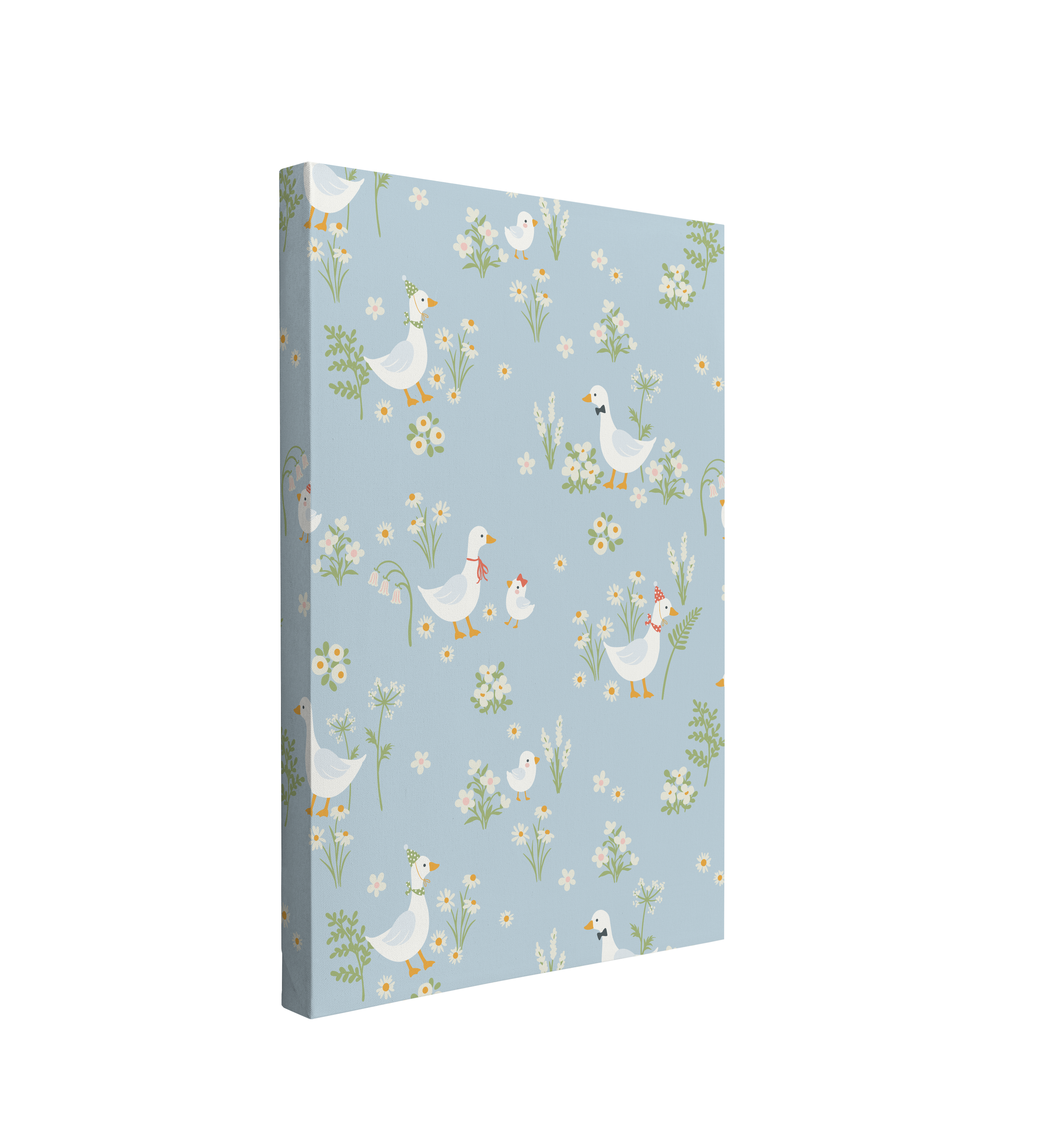 single, 2:3 vertical easy to hang canvas print on a transparent background featuring an image of patterned graphic of a white goose with white flowers like daisies and other botanicals on a light blue background