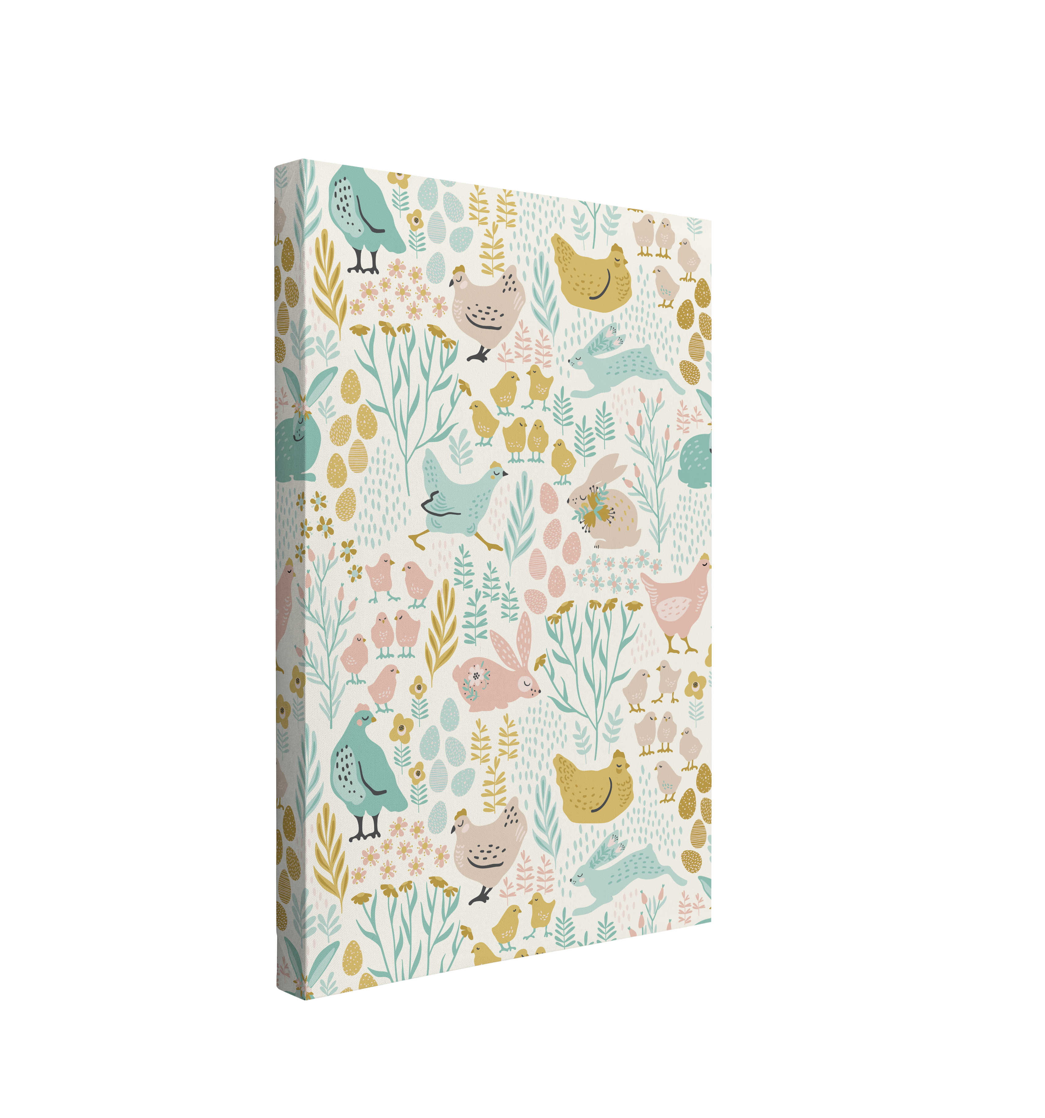 single, 2:3 vertical easy to hang canvas print on a transparent background featuring an image of patterned graphic of chickens, chicks and rabbits in different pastel colors like yellow, mint and pink with eggs, botanicals and flowers on a light beige background