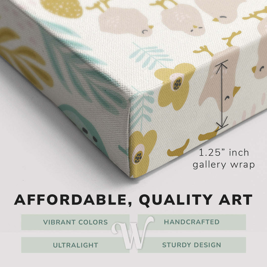 Corner shot of a Whelhung easy to hang canvas print showing the 1.25" inch gallery wrap thickness and graphic saying "Affordable, Quality Art", "Vibrant Colors", "Handcrafted", "Ultralight" and "Sturdy Design."