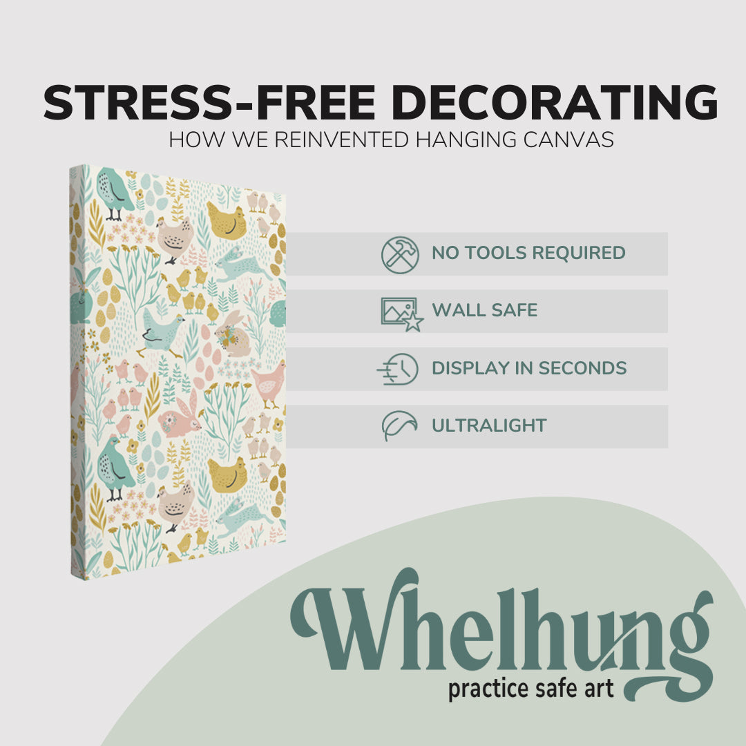 single, 2:3 vertical easy to hang canvas print on a graphic displaying the stress-free decorating Whelhung offers, how we reinvented hanging canvas: "no tools required", "wall safe"", "display in seconds" and "ultralight."