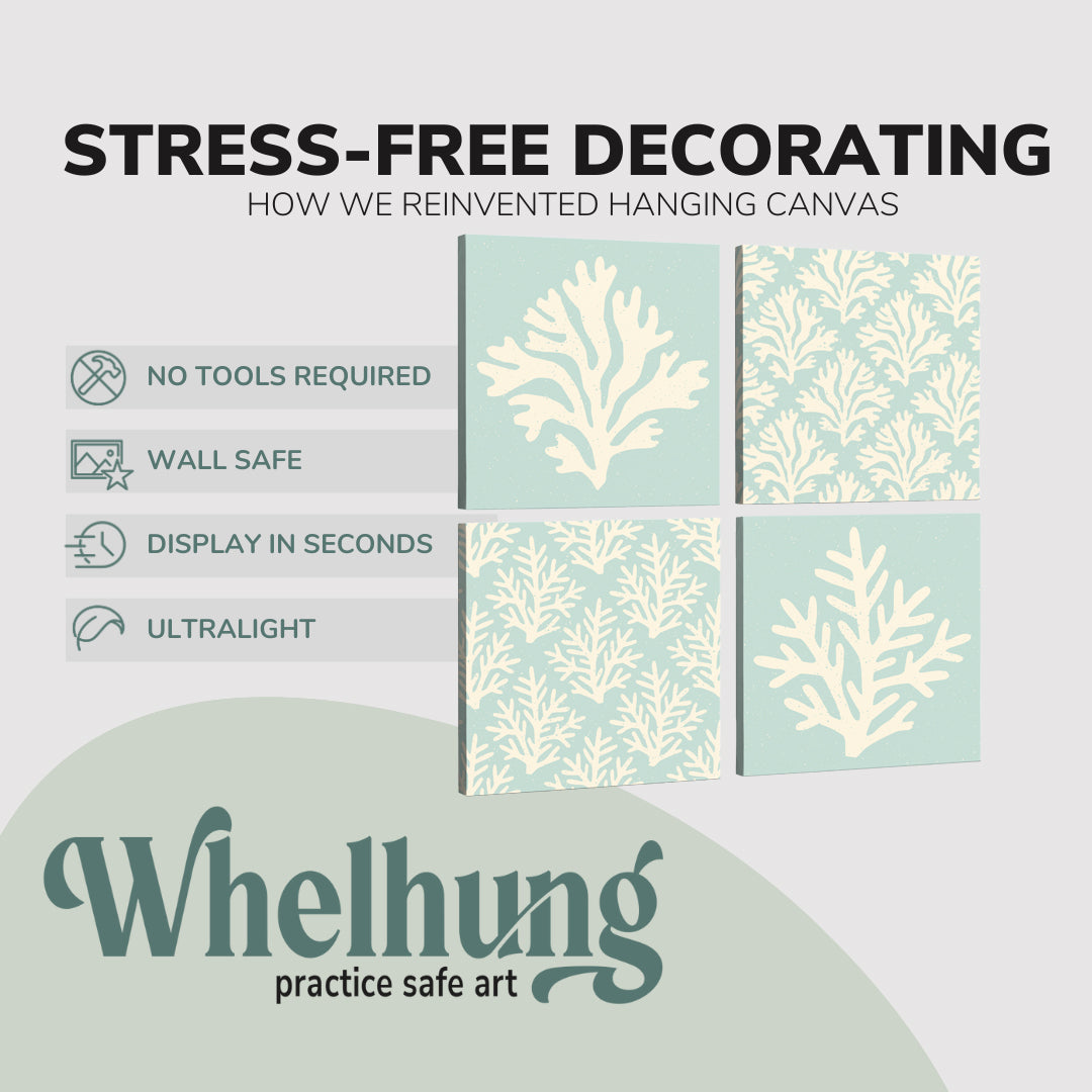 set of 4, square easy to hang canvas prints on a graphic displaying the stress-free decorating Whelhung offers, how we reinvented hanging canvas: "no tools required", "wall safe", "display in seconds" and "ultralight."