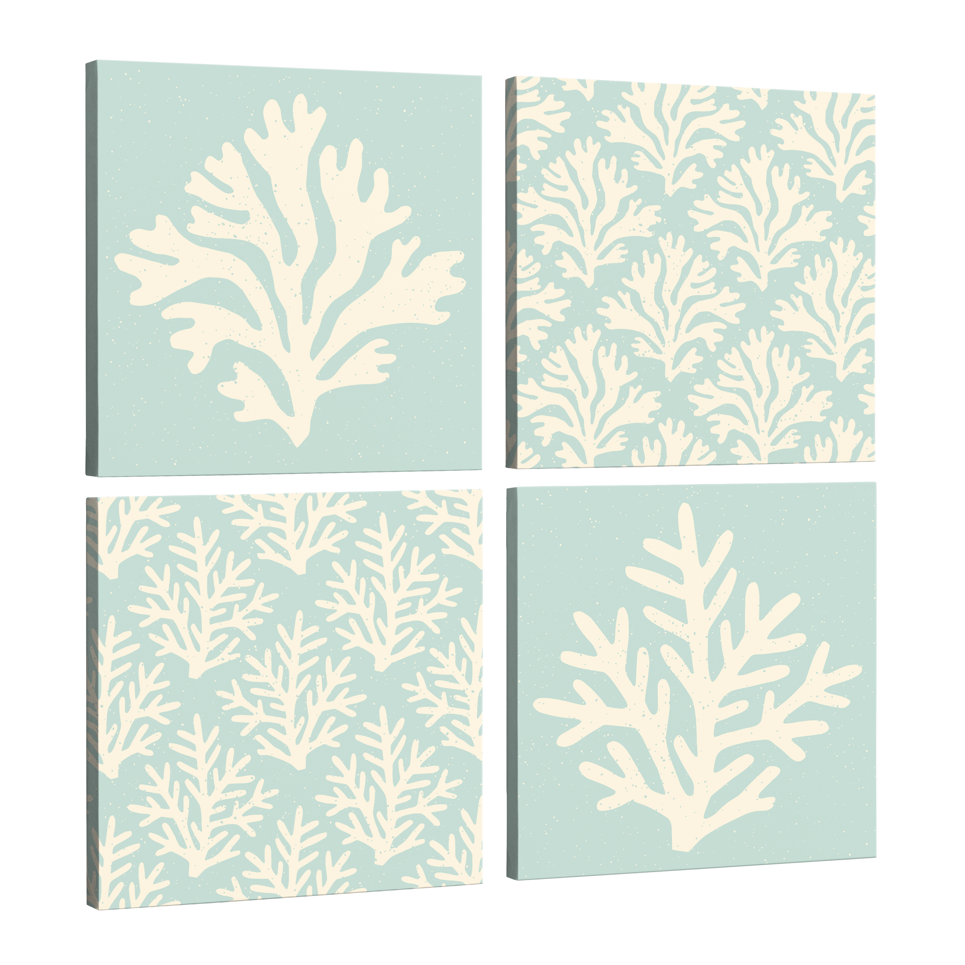Set of 4, square easy to hang canvas prints on a transparent background featuring white/yellow coral and seaweed graphics on a light, pastel blue background with some canvases patterning the graphic