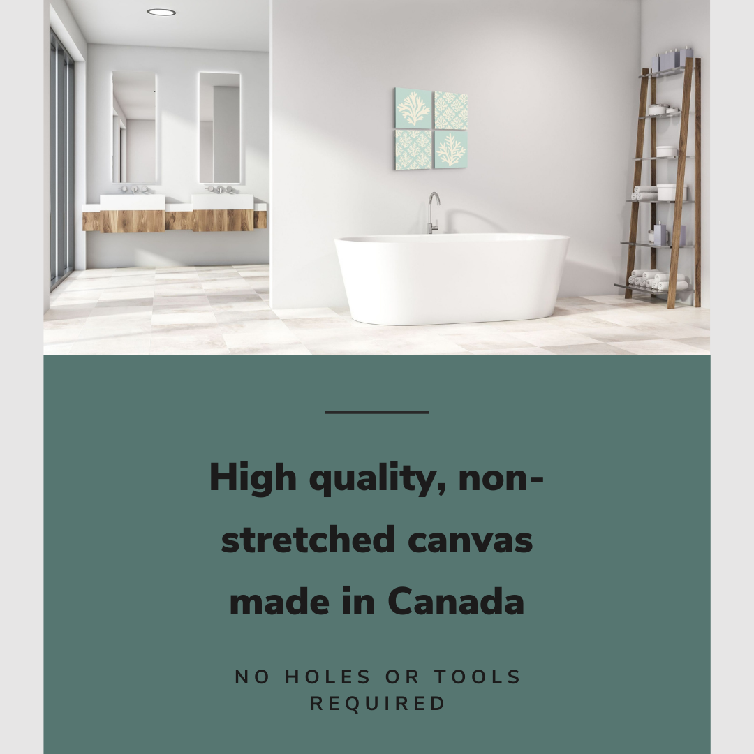 Lifestyle image of the square 12x12" inch, set of four easy to hang canvas wall art hung above a bathtub in a bathroom with graphic saying "High quality, non-stretched canvas made in Canada"