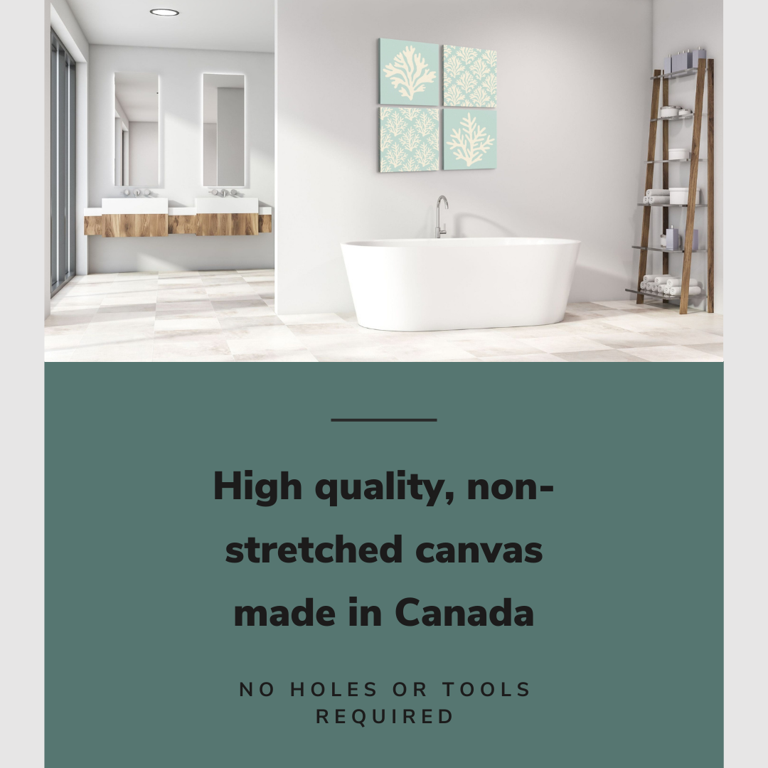 Lifestyle image of the square 20x20 inch, set of four easy to hang canvas wall art hung above a bathtub in a bathroom with graphic saying "High quality, non-stretched canvas made in Canada"