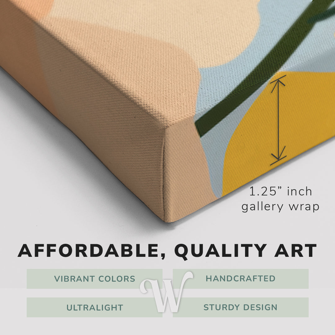 Corner shot of a Whelhung easy to hang canvas print showing the 1.25" inch gallery wrap thickness and graphic saying "Affordable, Quality Art", "Vibrant Colors", "Handcrafted", "Ultralight" and "Sturdy Design."
