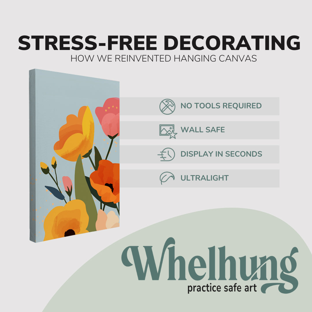 single, 2:3 vertical easy to hang canvas print on a graphic displaying the stress-free decorating Whelhung offers, how we reinvented hanging canvas: "no tools required", "wall safe"", "display in seconds" and "ultralight."