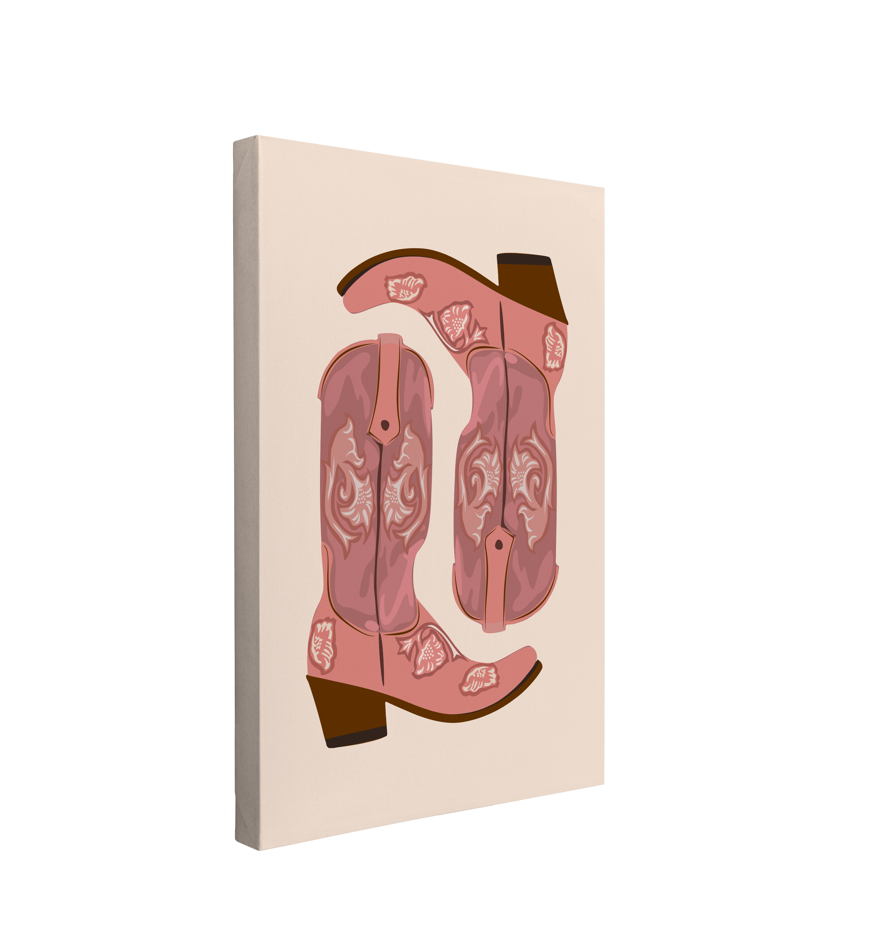 Single, 2:3 vertical easy to hang canvas print on a transparent background featuring an image of drawn pink cowboy boots with brown heels on a beige white background.