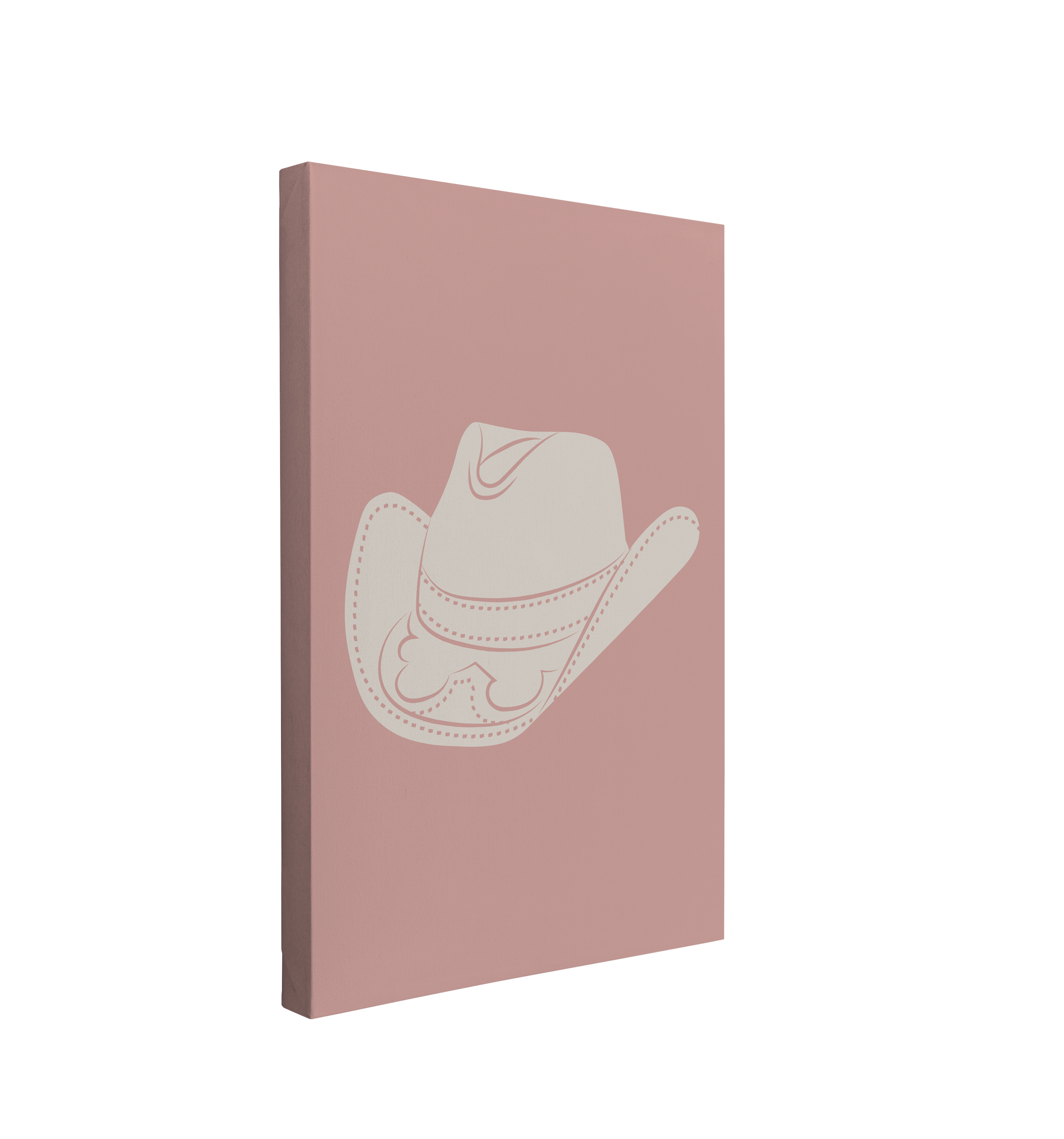 Single, 2:3 vertical easy to hang canvas print on a transparent background featuring an image of cowboy hat in white on a pink backgound.
