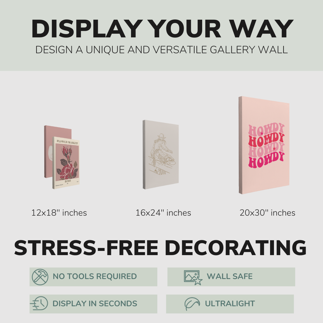Set of 4”, 2:3 easy to hang canvas prints on a graphic displaying the sizes (12x18”, 16x24” or 20x30”) of the four canvases offered in this pack. Also includes bullets on the stress-free decorating Whelhung offers, "no tools required", "wall safe", "display in seconds" and "ultralight."