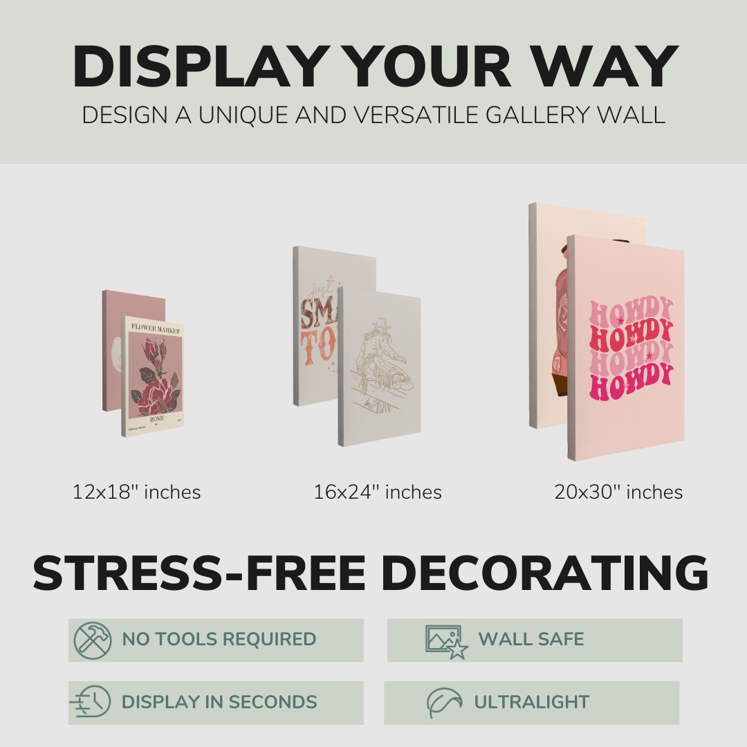 Set of 6”, 2:3 easy to hang canvas prints on a graphic displaying the sizes (12x18”, 16x24” or 20x30”) of the four canvases offered in this pack. Also includes bullets on the stress-free decorating Whelhung offers, "no tools required", "wall safe", "display in seconds" and "ultralight."