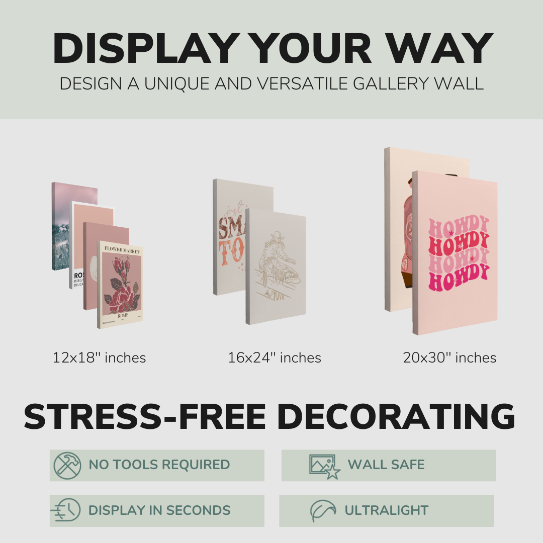 Set of 8”, 2:3 easy to hang canvas prints on a graphic displaying the sizes (12x18”, 16x24” or 20x30”) of the four canvases offered in this pack. Also includes bullets on the stress-free decorating Whelhung offers, "no tools required", "wall safe", "display in seconds" and "ultralight."