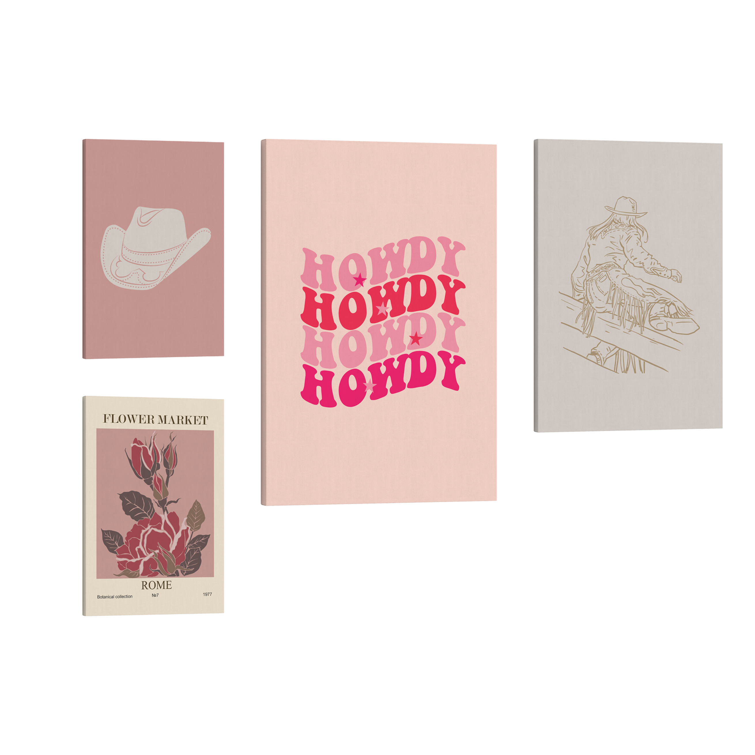 Set of 4, 2:3 easy to hang canvas prints of various sizes, 12x18”, 16x24” or 20x30” inches, on a transparent background featuring a images of a cowboy hat, a pink rose, "howdy" repeated multiple times in different shades of pink and a cowgirl in chaps jumping over a fence.
