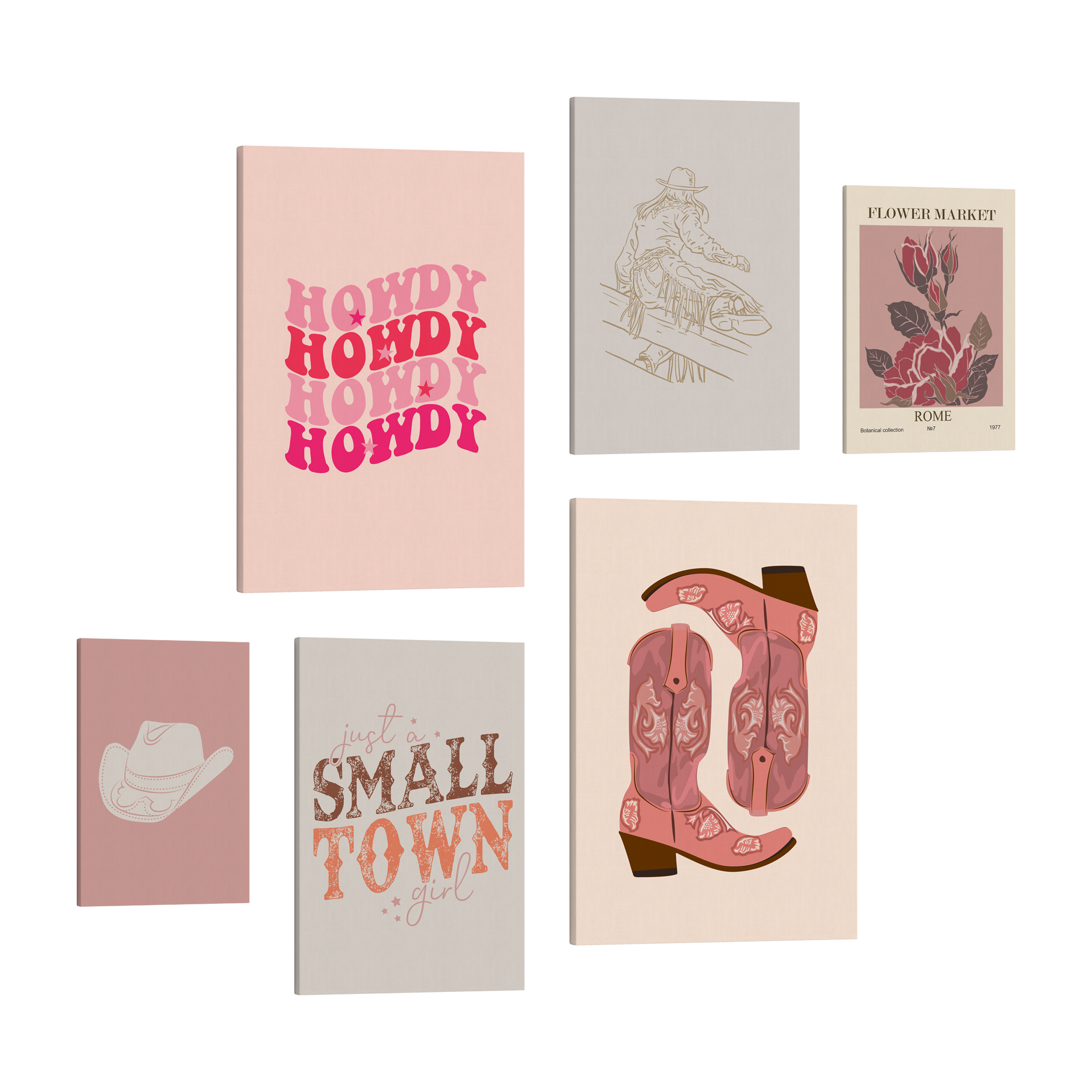 Set of 6, 2:3 easy to hang canvas prints of various sizes, 12x18”, 16x24” or 20x30” inches, on a transparent background featuring images of a cowboy hat, a pink rose, "howdy" repeated multiple times in different shades of pink, a cowgirl in chaps jumping over a fence, pink cowboy boots and font, "just a small town girl."