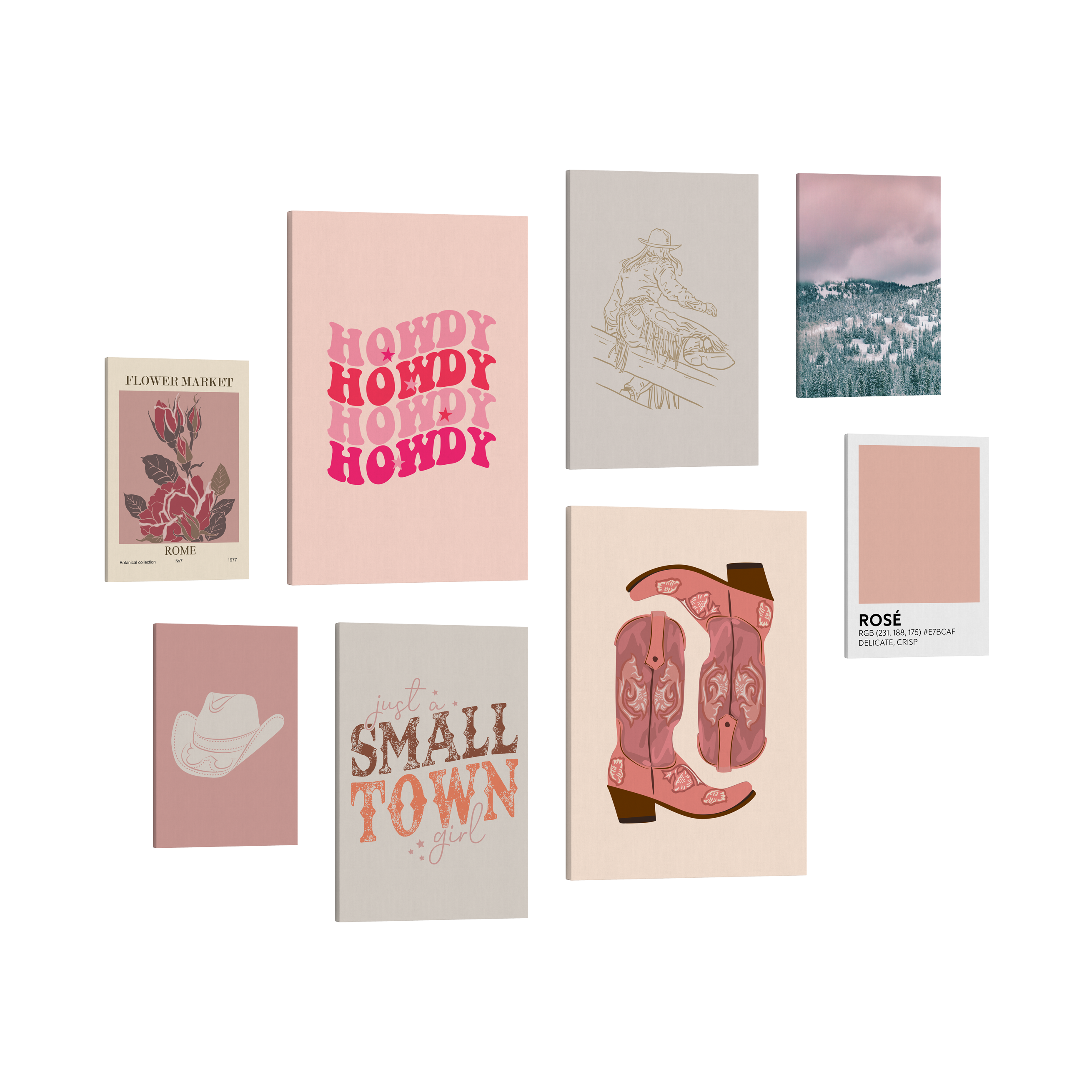 Set of 8, 2:3 easy to hang canvas prints of various sizes, 12x18”, 16x24” or 20x30” inches, on a transparent background featuring images of of a cowboy hat, a pink rose, "howdy" repeated multiple times in different shades of pink, a cowgirl in chaps jumping over a fence, pink cowboy boots and font, "just a small town girl", a photograph of a Montana mountains with a pink sky and a pink color swatch labeled, "Rosé."