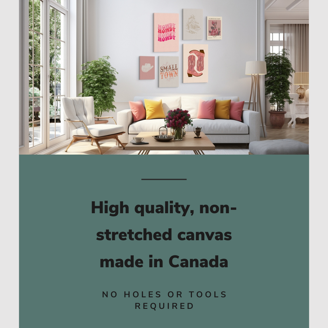 Lifestyle image of the 6 pack gallery wall with easy to hang canvas wall art hung in chic, modern living room above a couch with graphic saying "High quality, non-stretched canvas made in Canada"