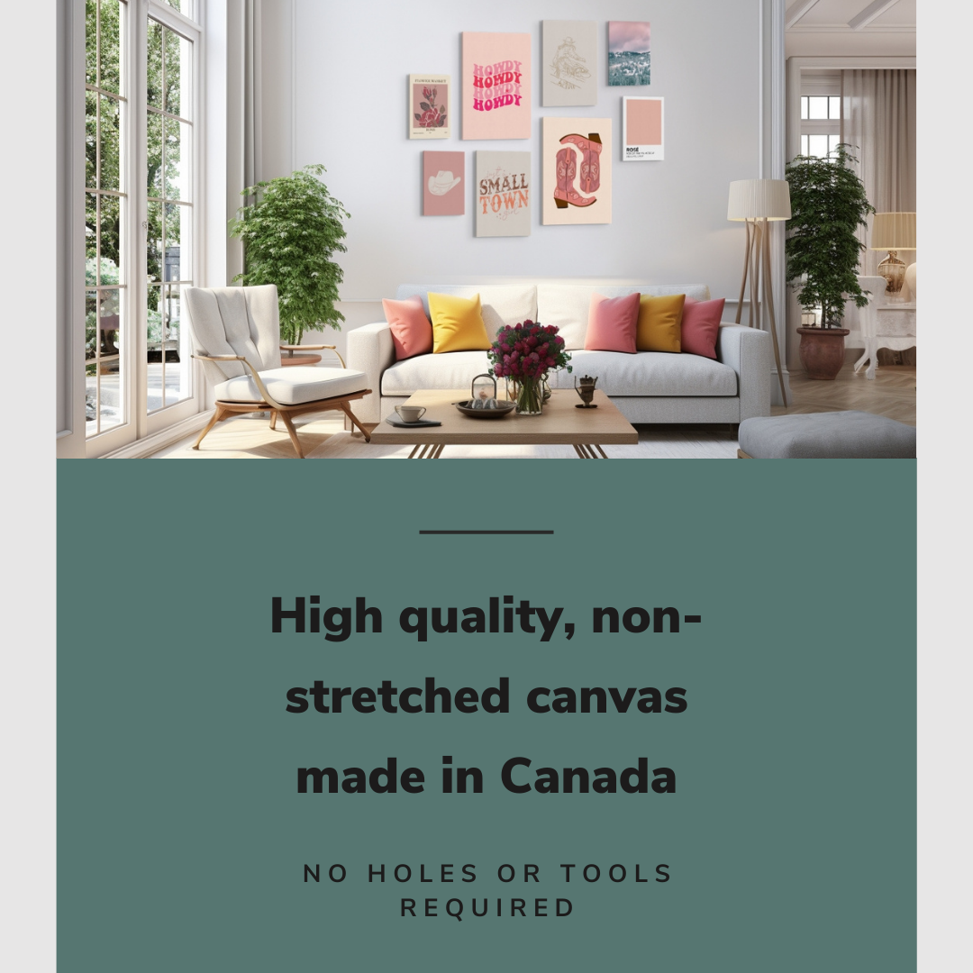 Lifestyle image of the 8 pack gallery wall with easy to hang canvas wall art hung in a chic, modern living room above a couch with graphic saying "High quality, non-stretched canvas made in Canada"