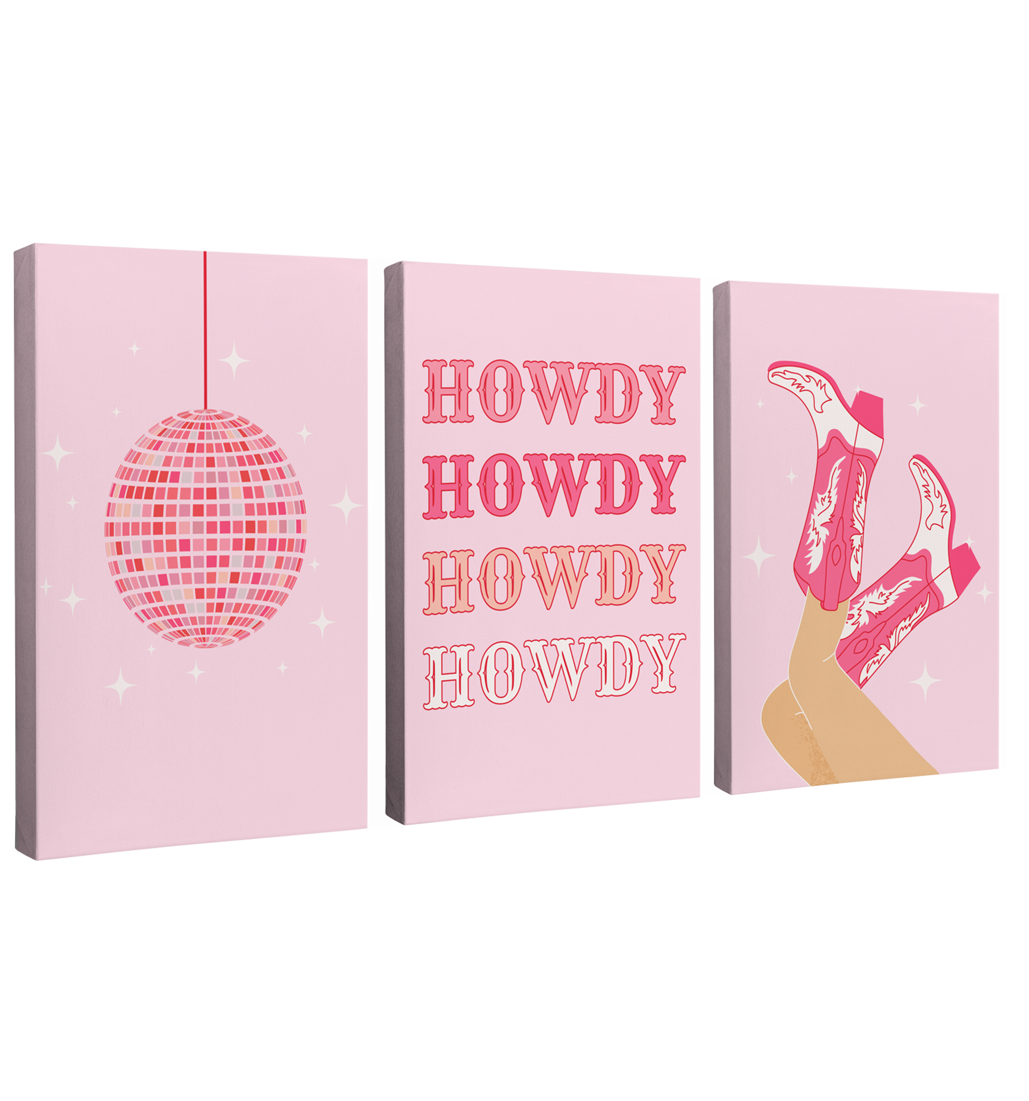 Set of 3, 2:3 vertical easy to hang canvas prints on a transparent background featuring images of a pink disco ball, "Howdy" written in a vintage Western font, and legs in the air wearing pink cowboy boots all on light pink backgrounds.