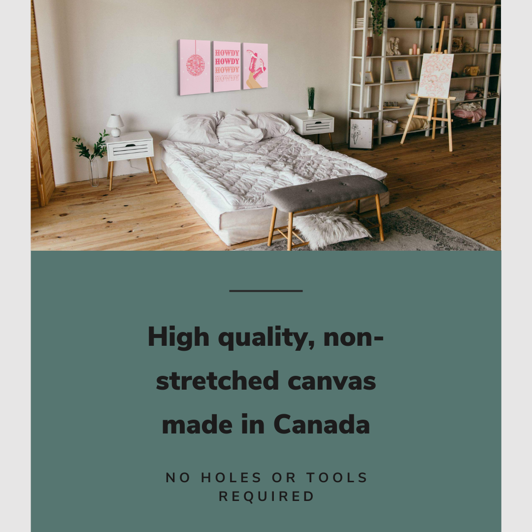 Lifestyle image of the vertical, 16x24” inch set of 3 easy to hang canvas wall art hung in a trendy bedroom above the bed with graphic saying "High quality, non-stretched canvas made in Canada."