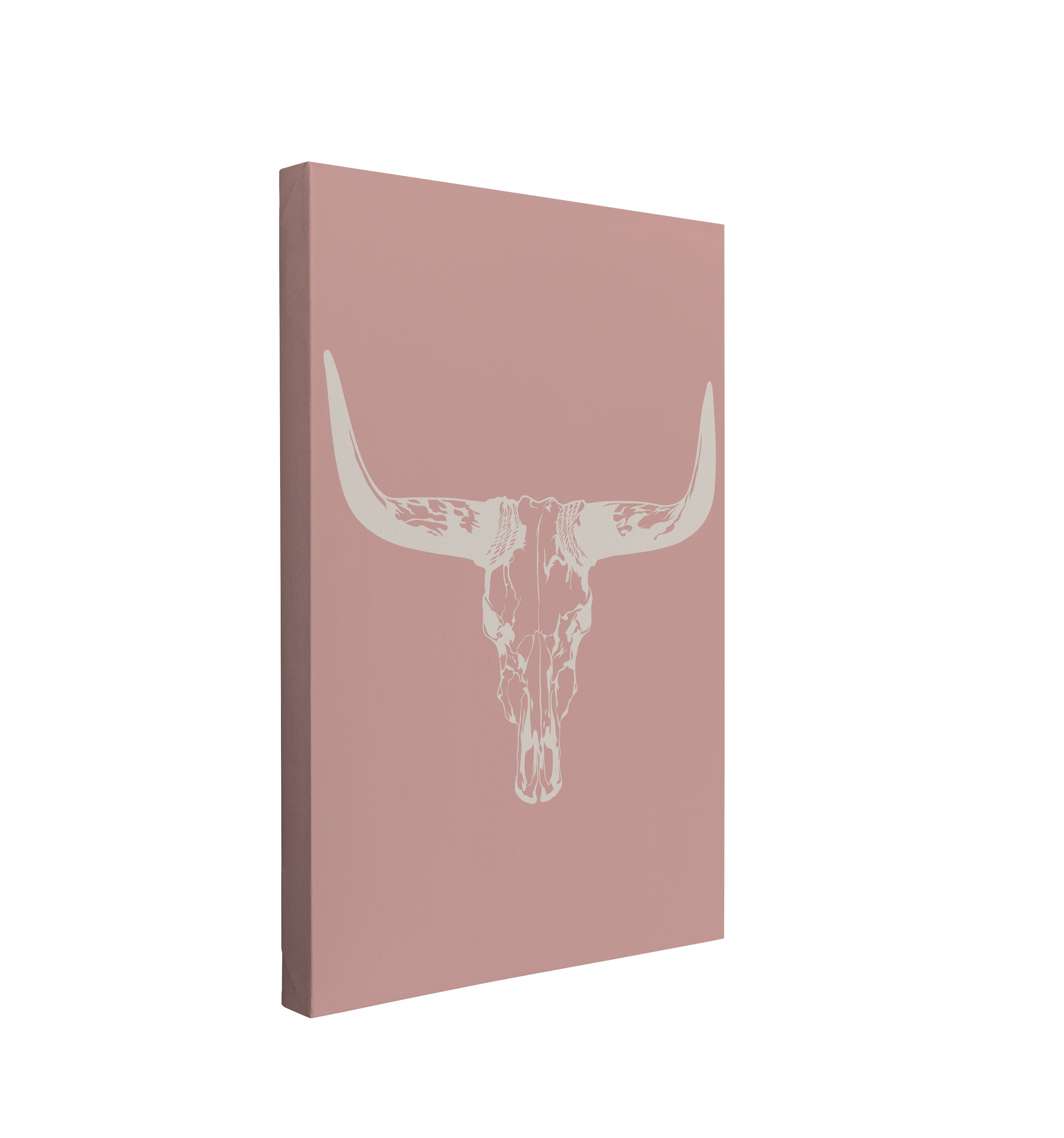 Single, 2:3 vertical easy to hang canvas print on a transparent background featuring an image of white Longhorn skull on a pink background.