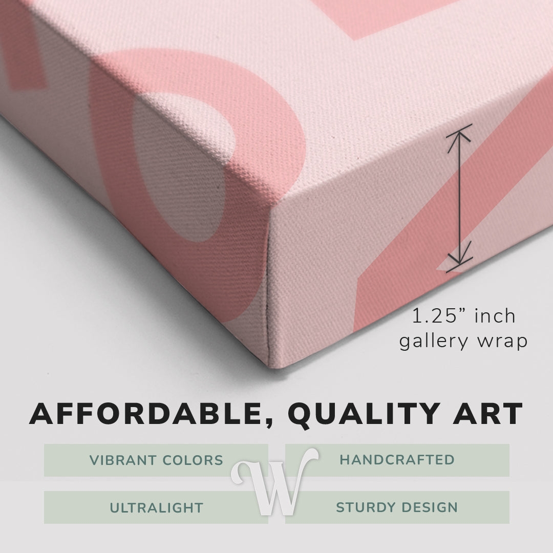 Corner shot of a Whelhung easy to hang canvas print showing the 1.25" inch gallery wrap thickness and graphic saying "Affordable, Quality Art", "Vibrant Colors", "Handcrafted", "Ultralight" and "Sturdy Design."